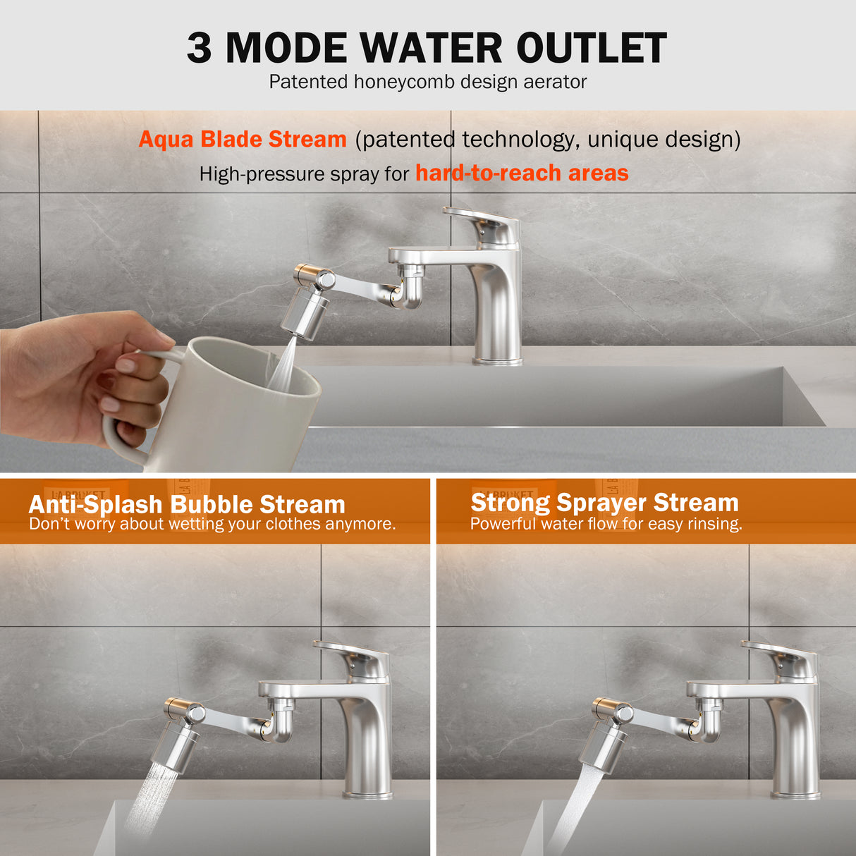 Extensor de grifo giratorio Frizzlife de 1440°, aireador de fregadero, extensión de filtro de agua con rociador de 3 modos, brazo robótico de 1080° + accesorio de grifo universal giratorio de 360° para baño, cocina, lavado de cabello, rostro y niños.