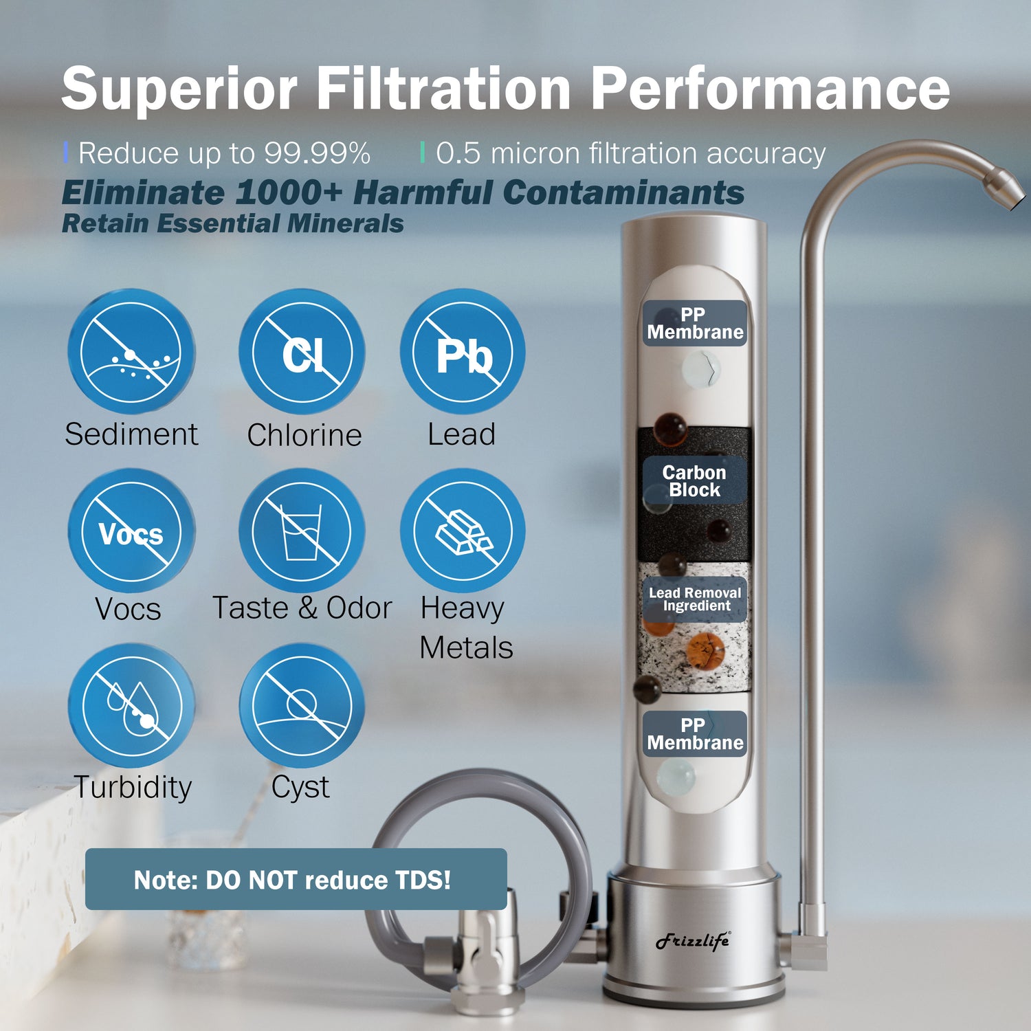 Frizzlife SS99 Auftisch-Wasserfiltersystem – Edelstahl-Wasserfilter für Wasserhähne, Filtert bis zu 8.000 Gallonen, 0,5 Mikron NSF-zertifizierte Elemente, reduziert 99,99 % Blei, Chlor, Schwermetalle, schlechten Geschmack und Geruch