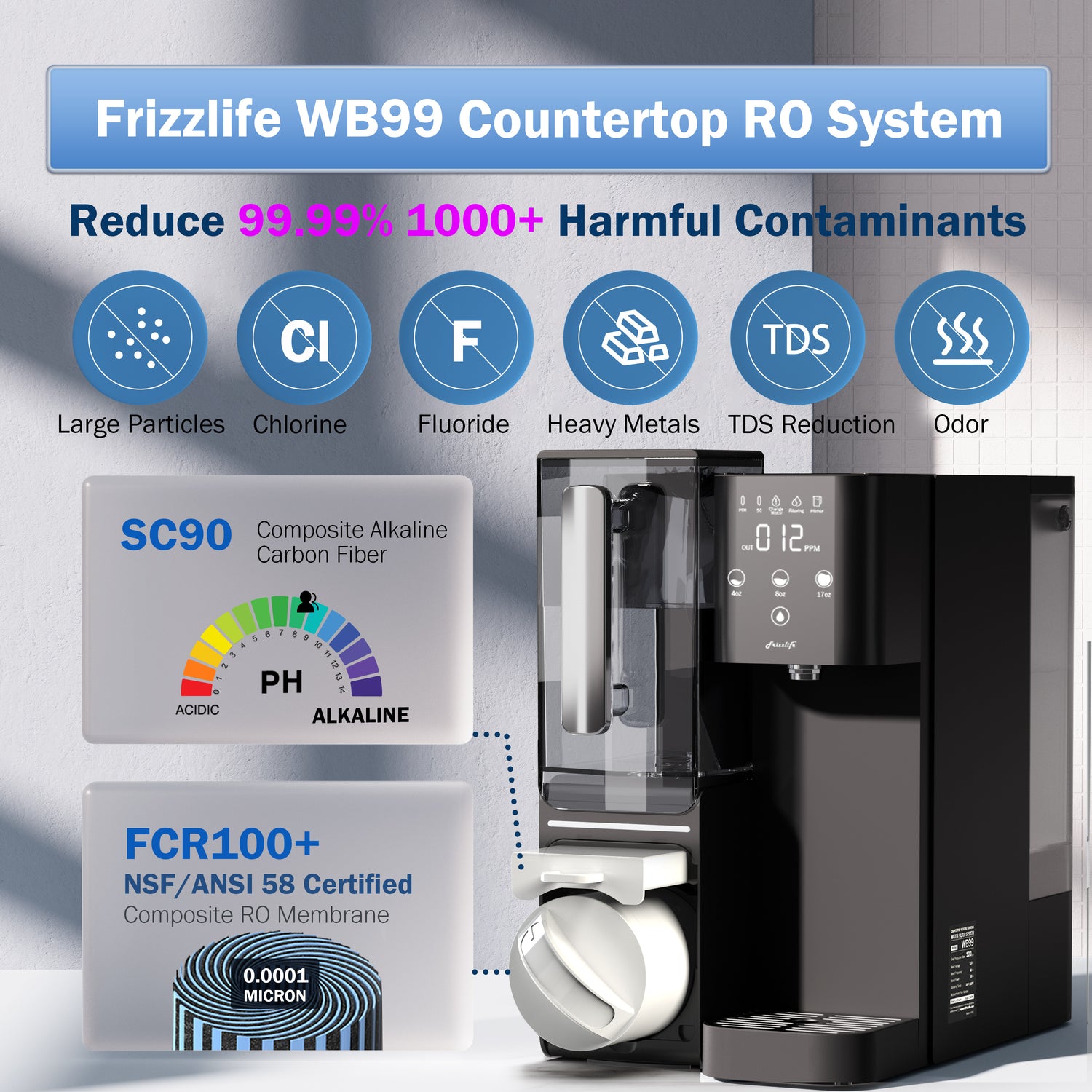 Das plattentranssystem frizzle life 99, ein alkalisches wasserconfiltration-system mit tragbaren wassergeräten, und dass NSF/ANSI 58 sicherheitselemente, TDS und filter
