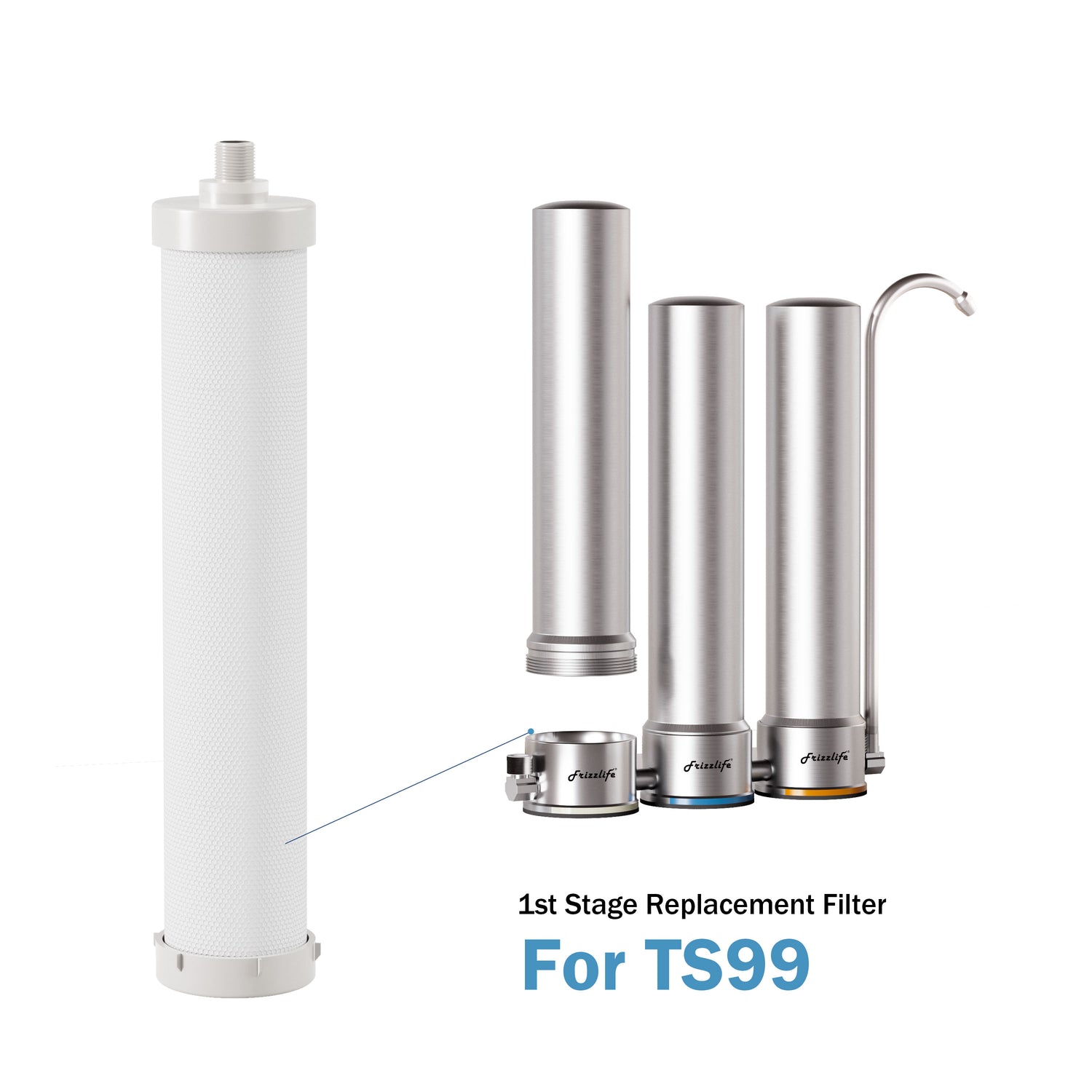 Cartouche filtrante de rechange Frizzlife DSFPP (1re étape) pour système de filtration d'eau de comptoir en acier inoxydable TS99