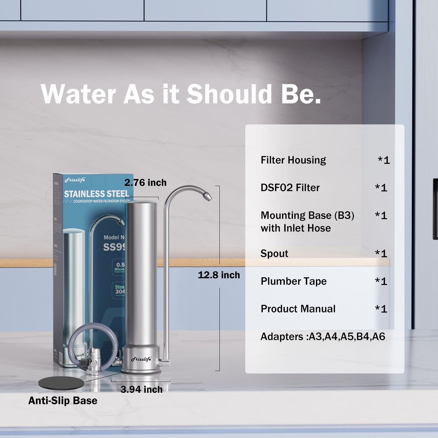 Frizzlife SS99 Auftisch-Wasserfiltersystem – Edelstahl-Wasserfilter für Wasserhähne, Filtert bis zu 8.000 Gallonen, 0,5 Mikron NSF-zertifizierte Elemente, reduziert 99,99 % Blei, Chlor, Schwermetalle, schlechten Geschmack und Geruch