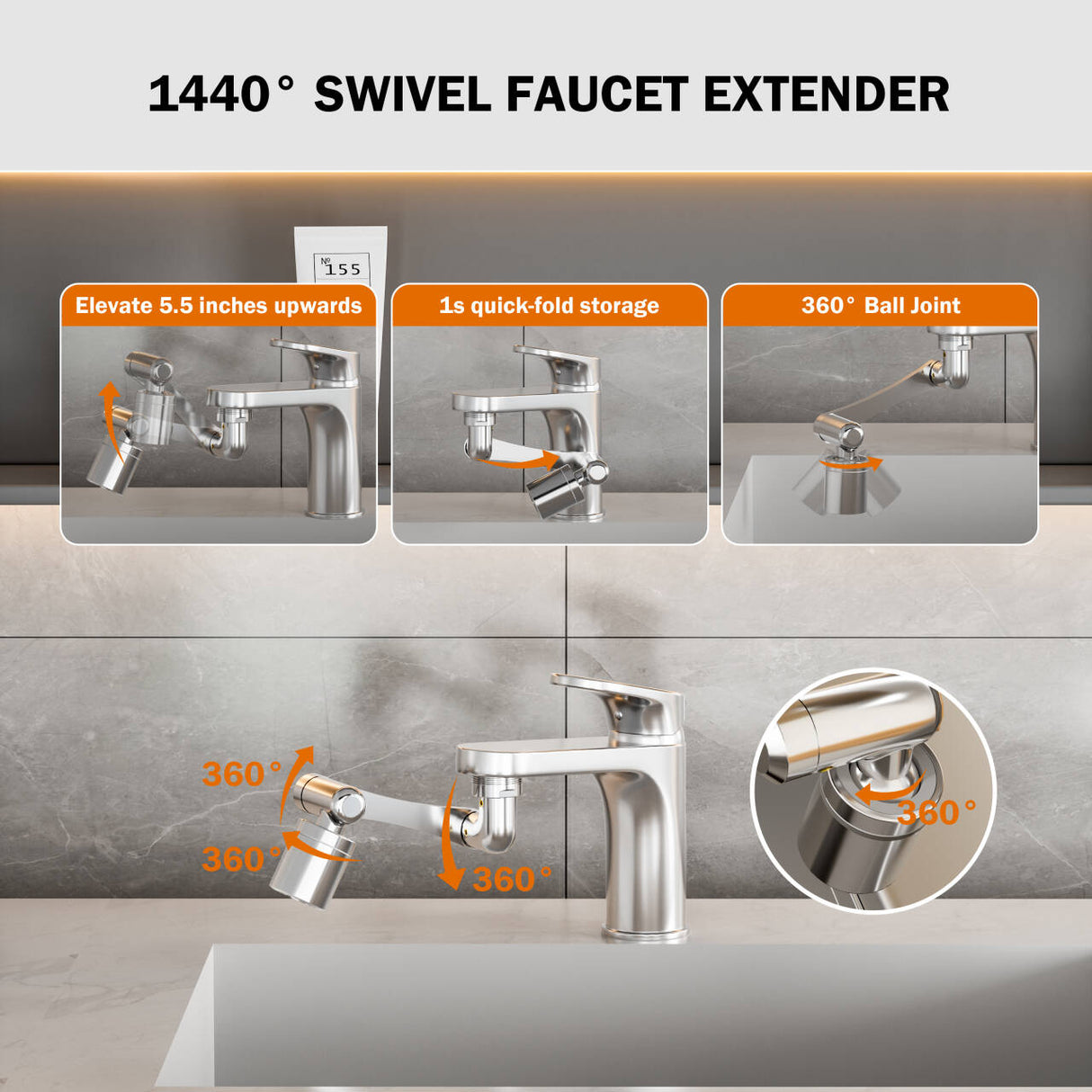 Extensor de grifo giratorio Frizzlife de 1440°, aireador de fregadero, extensión de filtro de agua con rociador de 3 modos, brazo robótico de 1080° + accesorio de grifo universal giratorio de 360° para baño, cocina, lavado de cabello, rostro y niños.