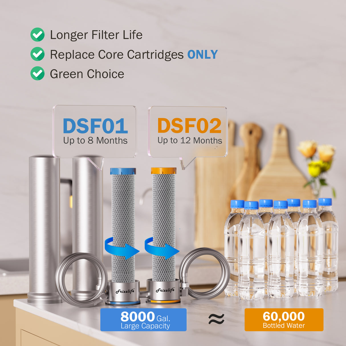 Sistema de filtro de agua bajo fregadero Frizzlife UDS99, filtración de agua de conexión directa de 8 etapas, 0.5 micrones de reducción, 99.99% de plomo, cloro, metales pesados y mal sabor. Elementos con certificación NSF. Acero inoxidable.