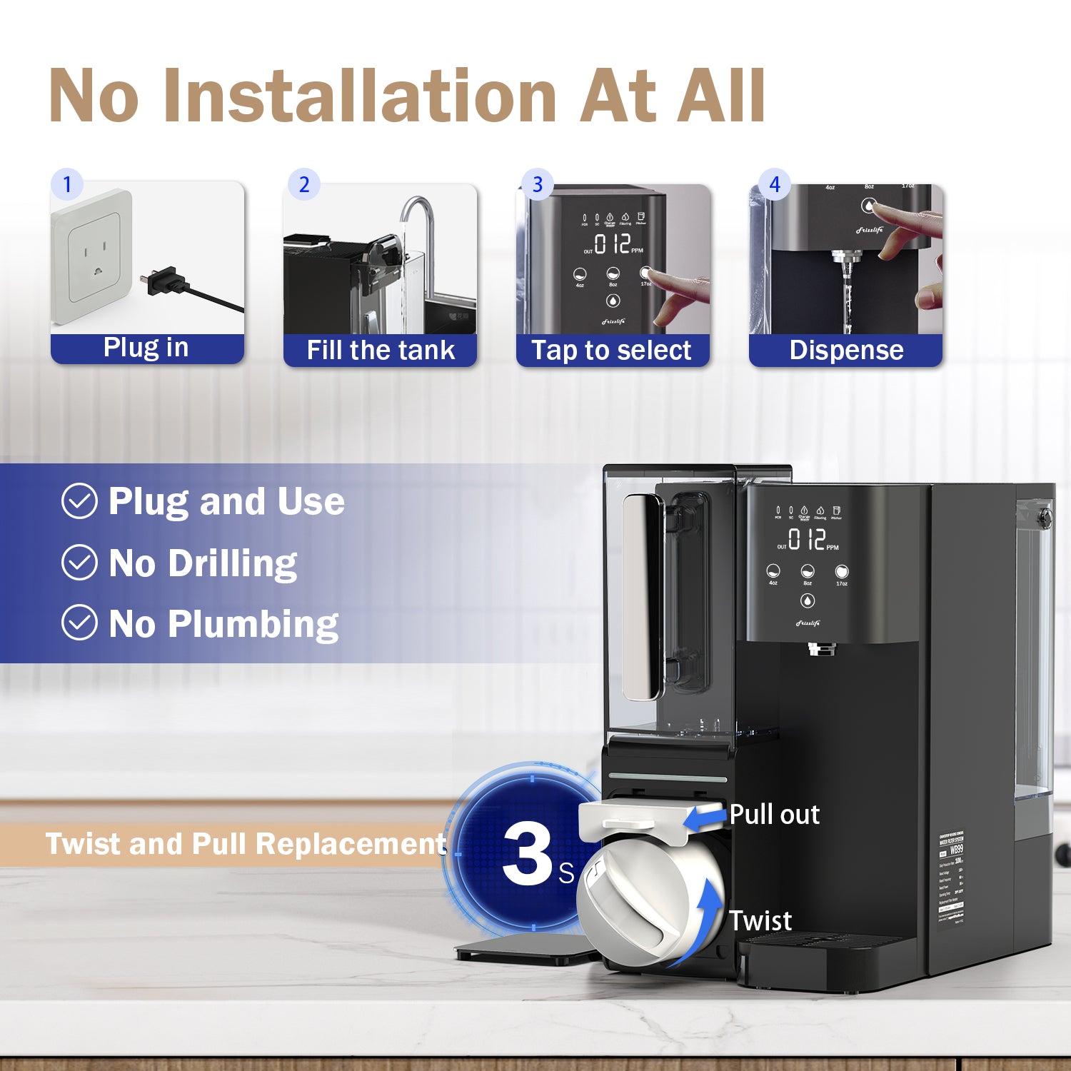 Das plattentranssystem frizzle life 99, ein alkalisches wasserconfiltration-system mit tragbaren wassergeräten, und dass NSF/ANSI 58 sicherheitselemente, TDS und filter