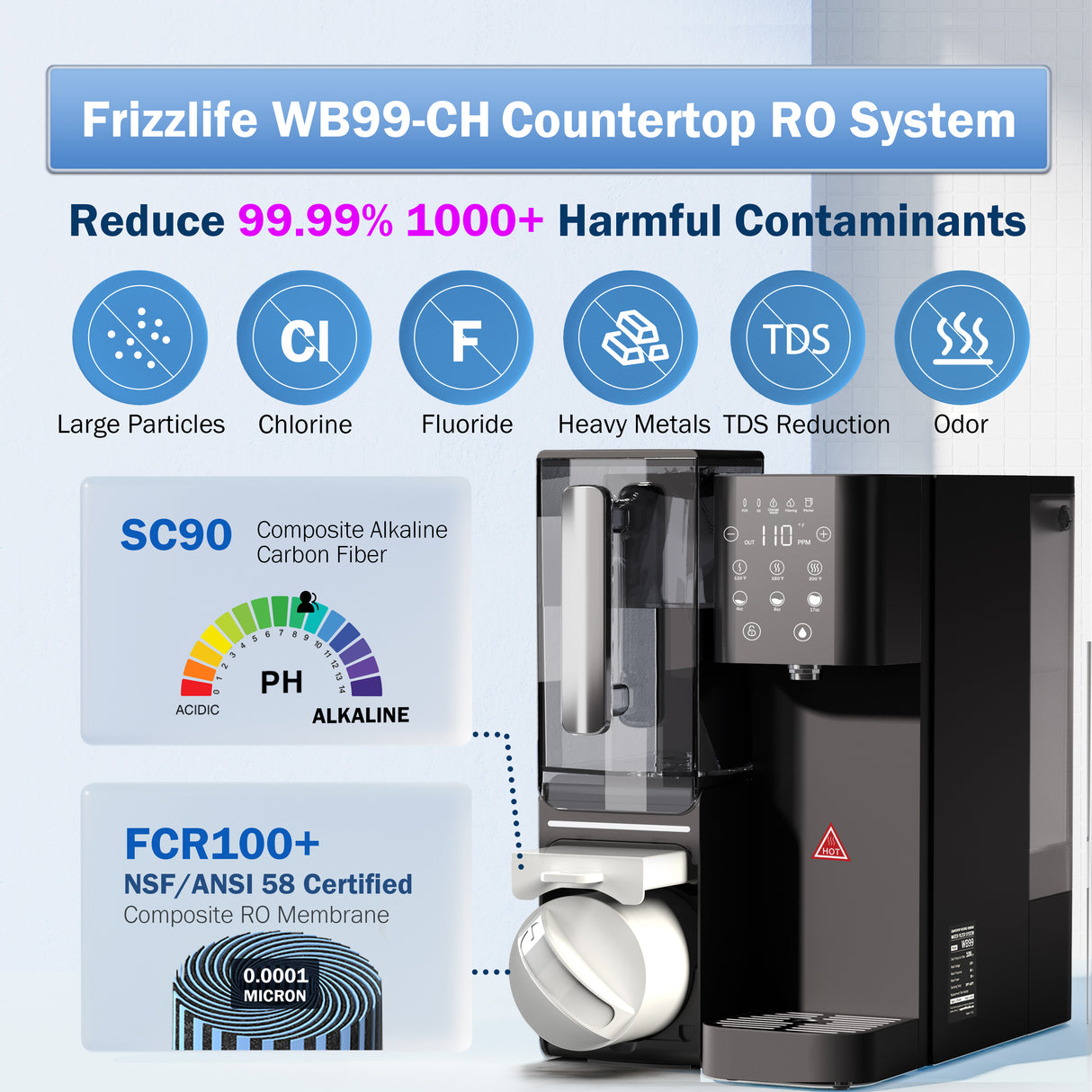 Frizzlife Countertop Reverse Osmosis System - WB99-Instant Hot RO System with Portable Water Pitcher, NSF/ANSI 58 Certified Elements, 3.5:1 Pure to Drain, No Installation, USA Tech Support