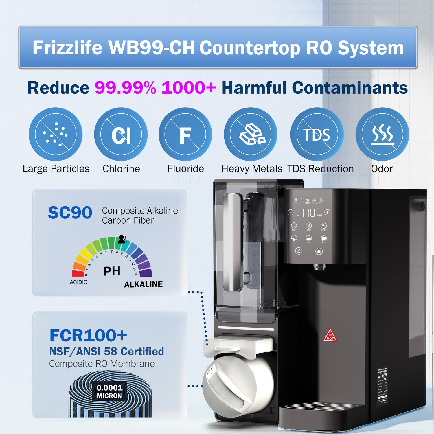Frizzlife Countertop Reverse Osmosis System - WB99-Instant Hot RO System With an Extra One-Year Replacement Filter Bundle
