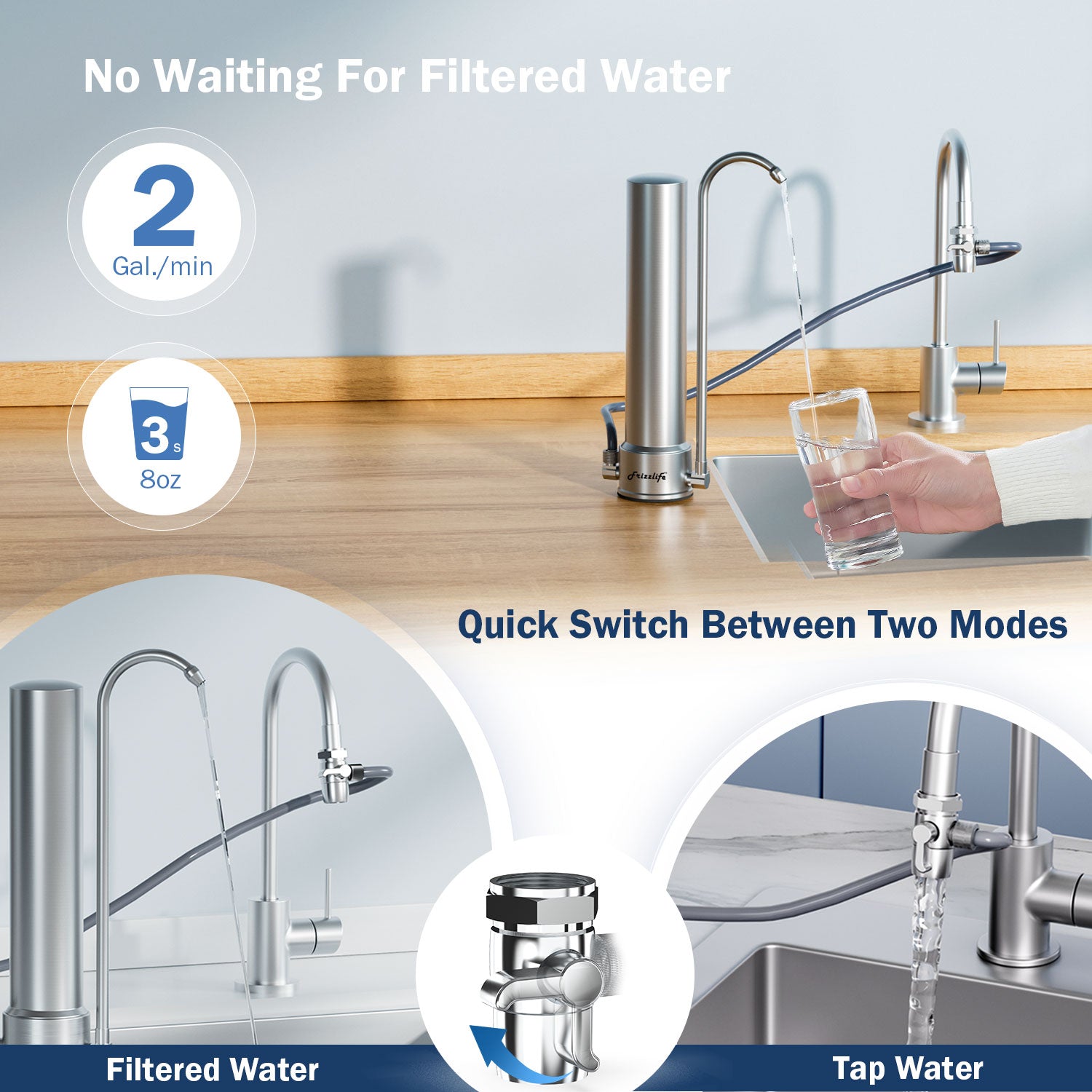 Frizzlife SS99 Auftisch-Wasserfiltersystem – Edelstahl-Wasserfilter für Wasserhähne, Filtert bis zu 8.000 Gallonen, 0,5 Mikron NSF-zertifizierte Elemente, reduziert 99,99 % Blei, Chlor, Schwermetalle, schlechten Geschmack und Geruch
