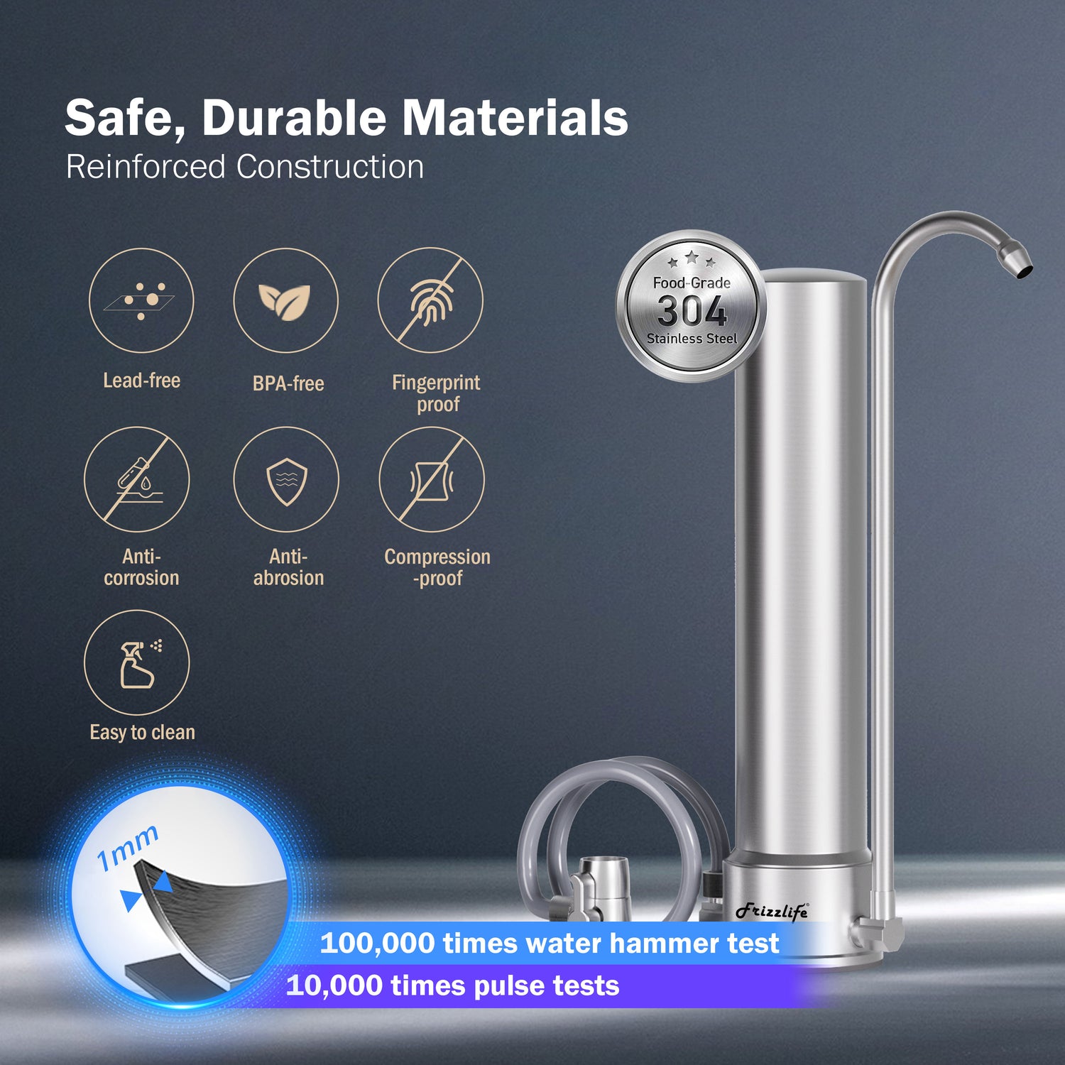 Frizzlife SS99 Auftisch-Wasserfiltersystem – Edelstahl-Wasserfilter für Wasserhähne, Filtert bis zu 8.000 Gallonen, 0,5 Mikron NSF-zertifizierte Elemente, reduziert 99,99 % Blei, Chlor, Schwermetalle, schlechten Geschmack und Geruch