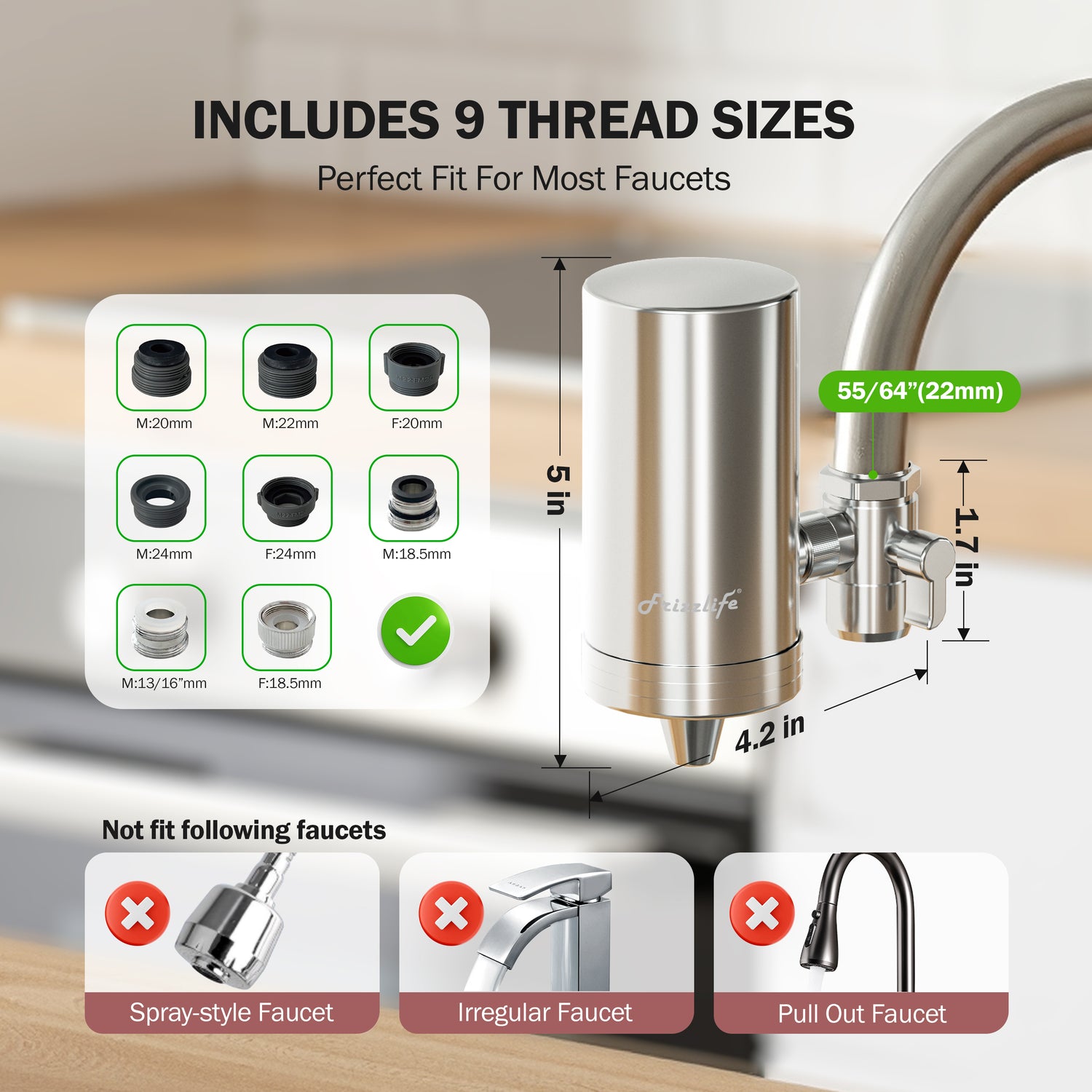 Frizzlife FS99 schiffsladung wasserfilter für waschbecken wasser lizenz verringern 99,9 blei, heavy metal für vorauf, 360 ° drehen und 304 edelstahl wasser JingShuiQi für küche/bad mit zwei filter der