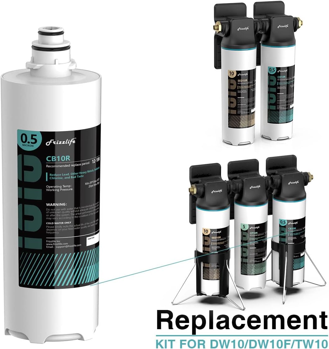 Kit de carcasa de repuesto Frizzlife CB10R-HF con cartucho de filtro CB10R en su interior - Para sistemas de filtro de agua bajo fregadero DW10, DW10F y TW10