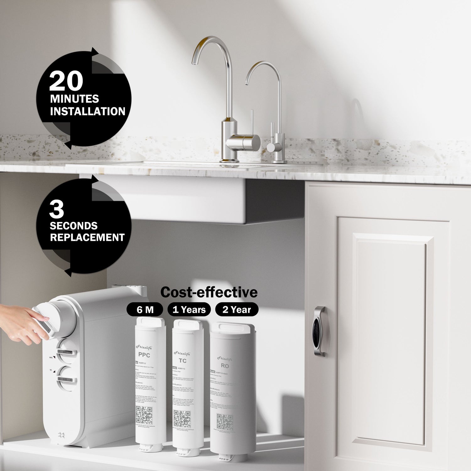 Frizzlife Umkehrosmose-Wasserfiltersystem - 600 GPD schneller Durchfluss unter dem Waschbecken RO-Wasserfilter, tanklos, reduziert TDS, 8 Stufen, 1,5:1 rein zum Abfluss, kompakt, PX600