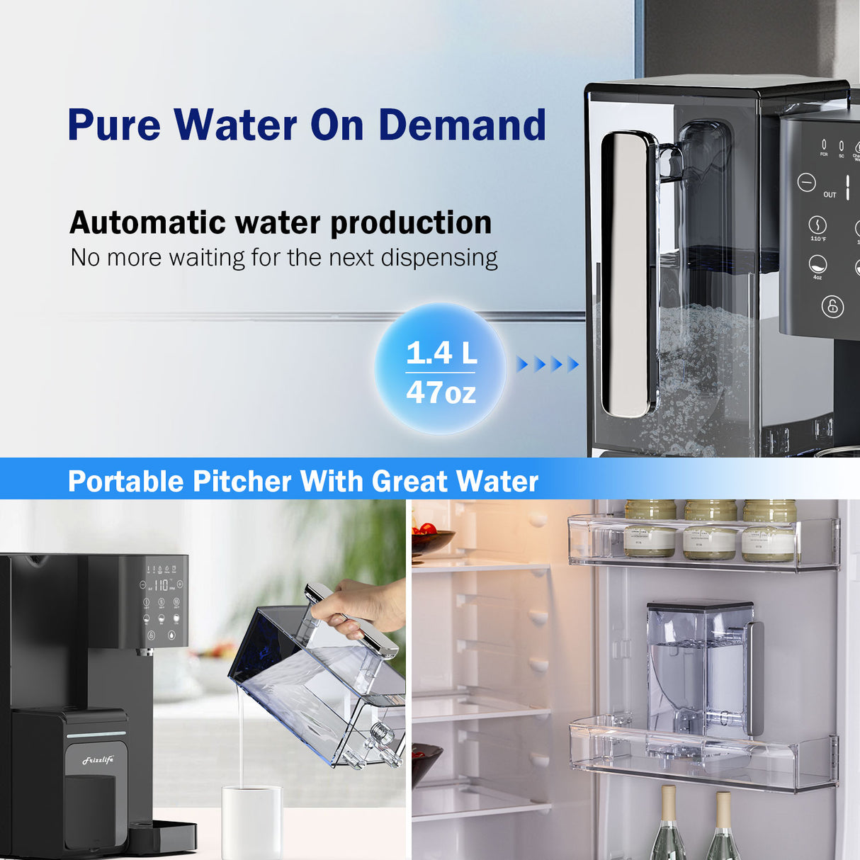 Frizzlife Countertop Reverse Osmosis System - WB99-Instant Hot RO System with Portable Water Pitcher, NSF/ANSI 58 Certified Elements, 3.5:1 Pure to Drain, No Installation, USA Tech Support
