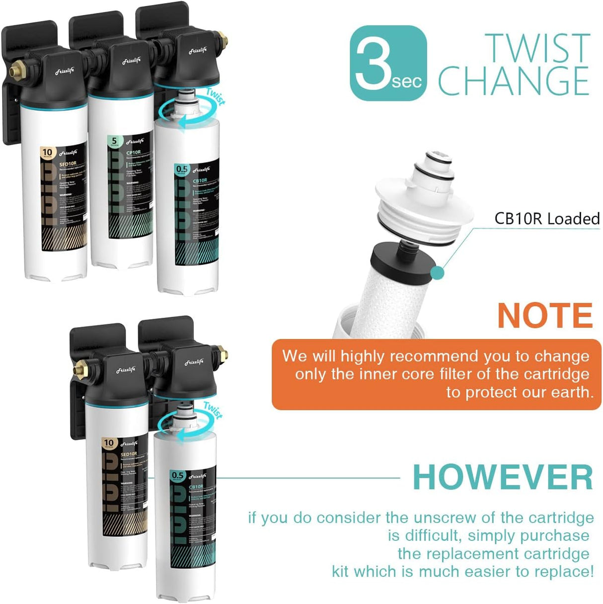 Kit de carcasa de repuesto Frizzlife CB10R-HF con cartucho de filtro CB10R en su interior - Para sistemas de filtro de agua bajo fregadero DW10, DW10F y TW10