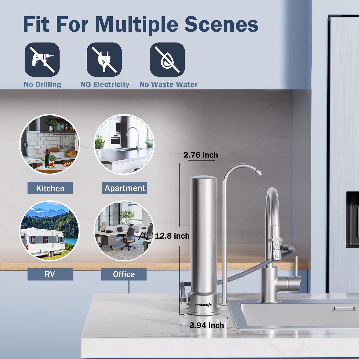 Frizzlife SS99 Auftisch-Wasserfiltersystem – Edelstahl-Wasserfilter für Wasserhähne, Filtert bis zu 8.000 Gallonen, 0,5 Mikron NSF-zertifizierte Elemente, reduziert 99,99 % Blei, Chlor, Schwermetalle, schlechten Geschmack und Geruch