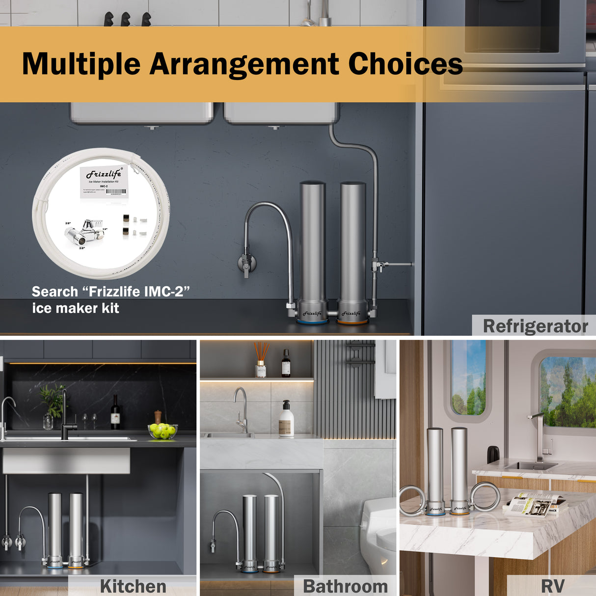 Sistema de filtro de agua bajo fregadero Frizzlife UDS99, filtración de agua de conexión directa de 8 etapas, 0.5 micrones de reducción, 99.99% de plomo, cloro, metales pesados y mal sabor. Elementos con certificación NSF. Acero inoxidable.