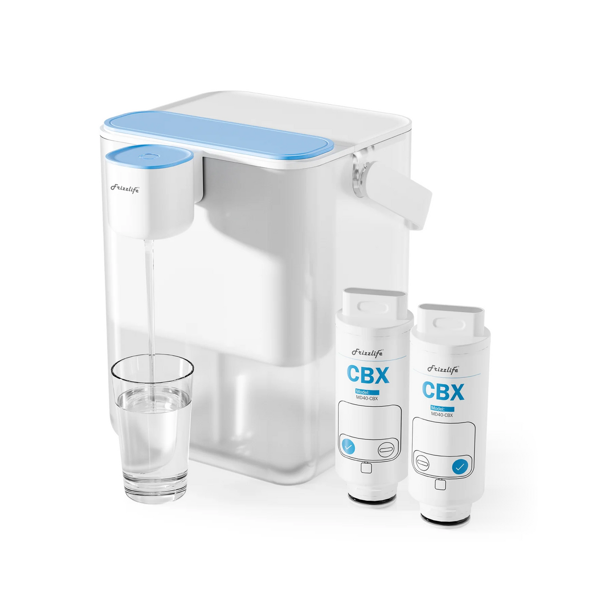 Frizzlife 400-Gallon Electric Water Filter Dispenser with 2 Filters (8-Stage Filtration),Reduce 99.89% of Lead,6 Months Rechargeable Water Pitcher, BPA-Free Instant Countertop Water Filter System,MD40