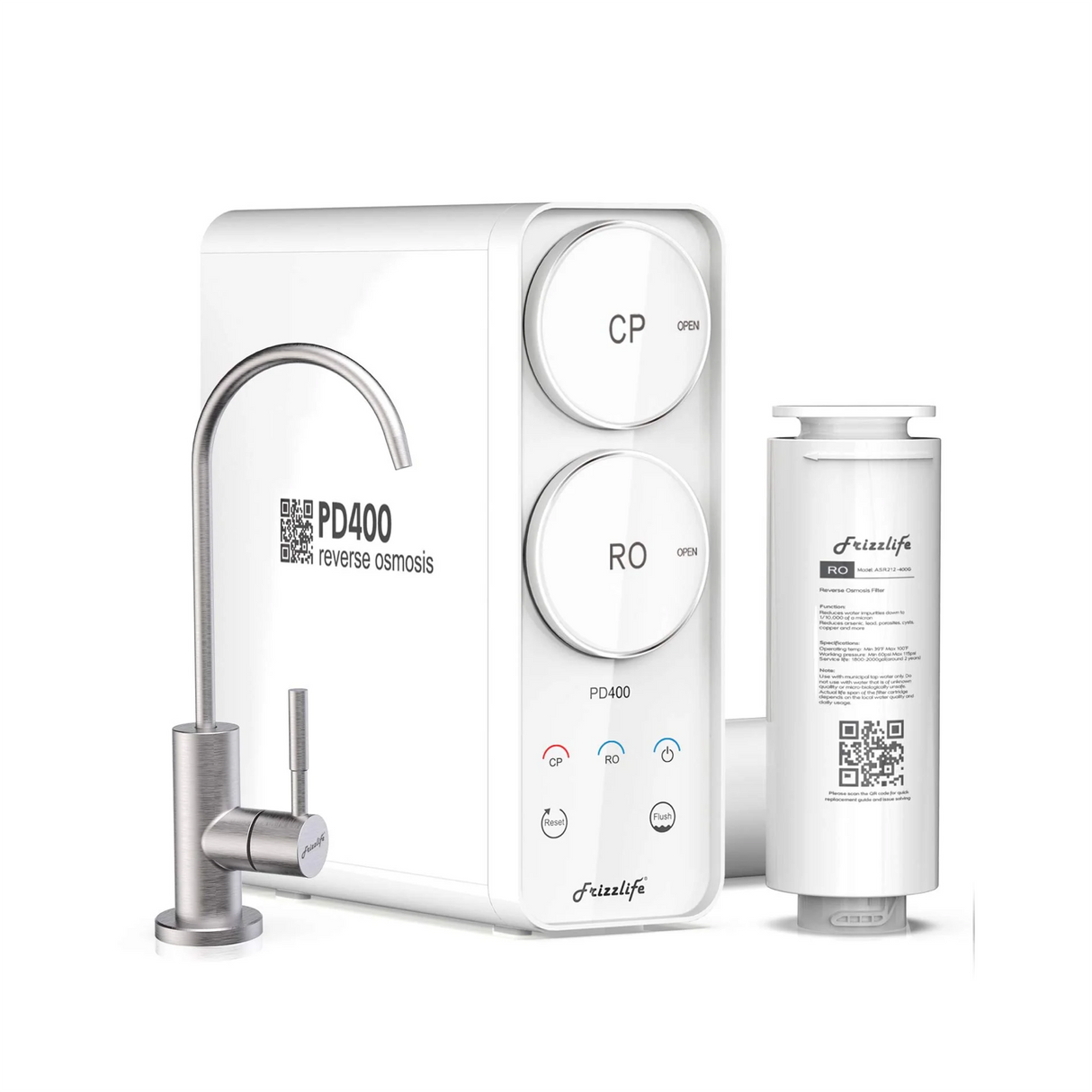 Frizzlife 400 GPD Sistema de agua de ósmosis inversa sin tanque, PD400