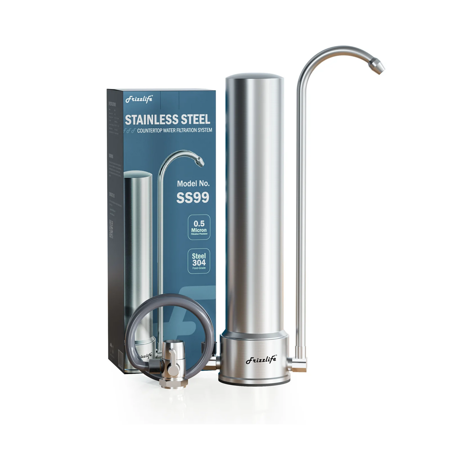 Frizzlife SS99 Auftisch-Wasserfiltersystem – Edelstahl-Wasserfilter für Wasserhähne, Filtert bis zu 8.000 Gallonen, 0,5 Mikron NSF-zertifizierte Elemente, reduziert 99,99 % Blei, Chlor, Schwermetalle, schlechten Geschmack und Geruch