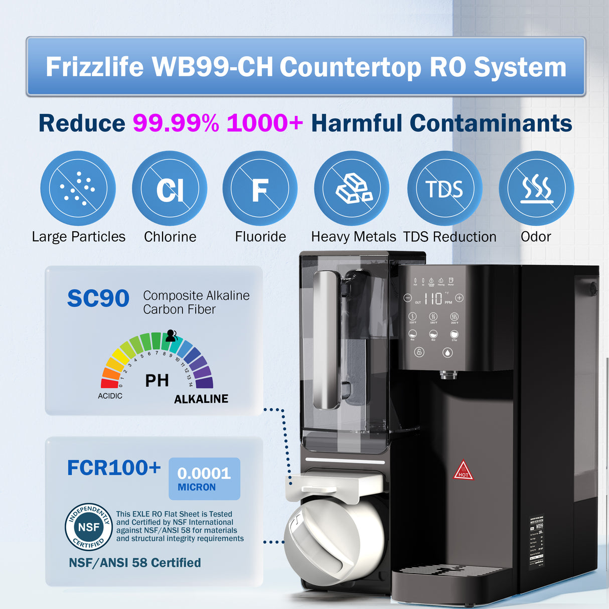 Frizzlife Countertop Reverse Osmosis System - WB99-Instant Hot RO System with Portable Water Pitcher, NSF/ANSI 58 Certified Elements, 3.5:1 Pure to Drain, No Installation, USA Tech Support