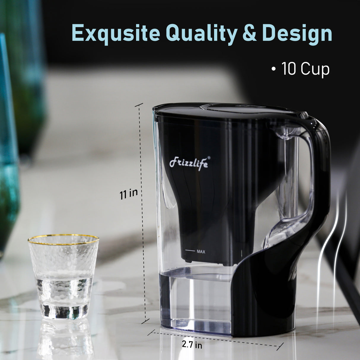 Frizzlife FP40 Pichet de filtre à eau, grand système de purificateur de 10 tasses avec rappel de durée de vie du filtre