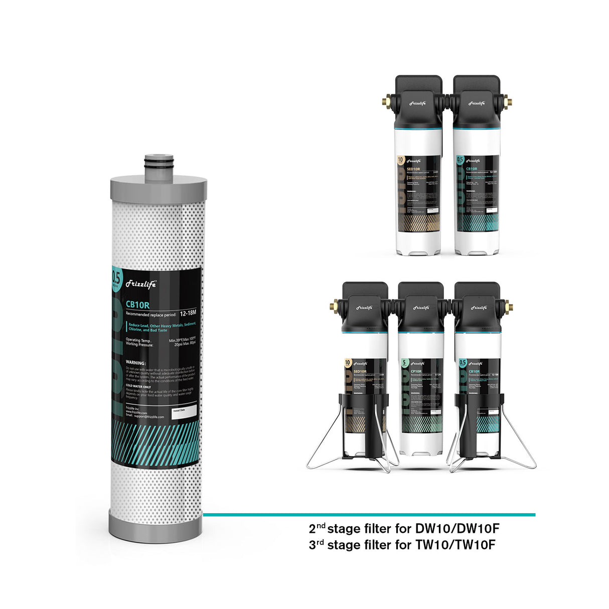 Cartucho de filtro de repuesto Frizzlife CB10R para filtros de agua debajo del fregadero DW10, DW10F, TW10, TW10F