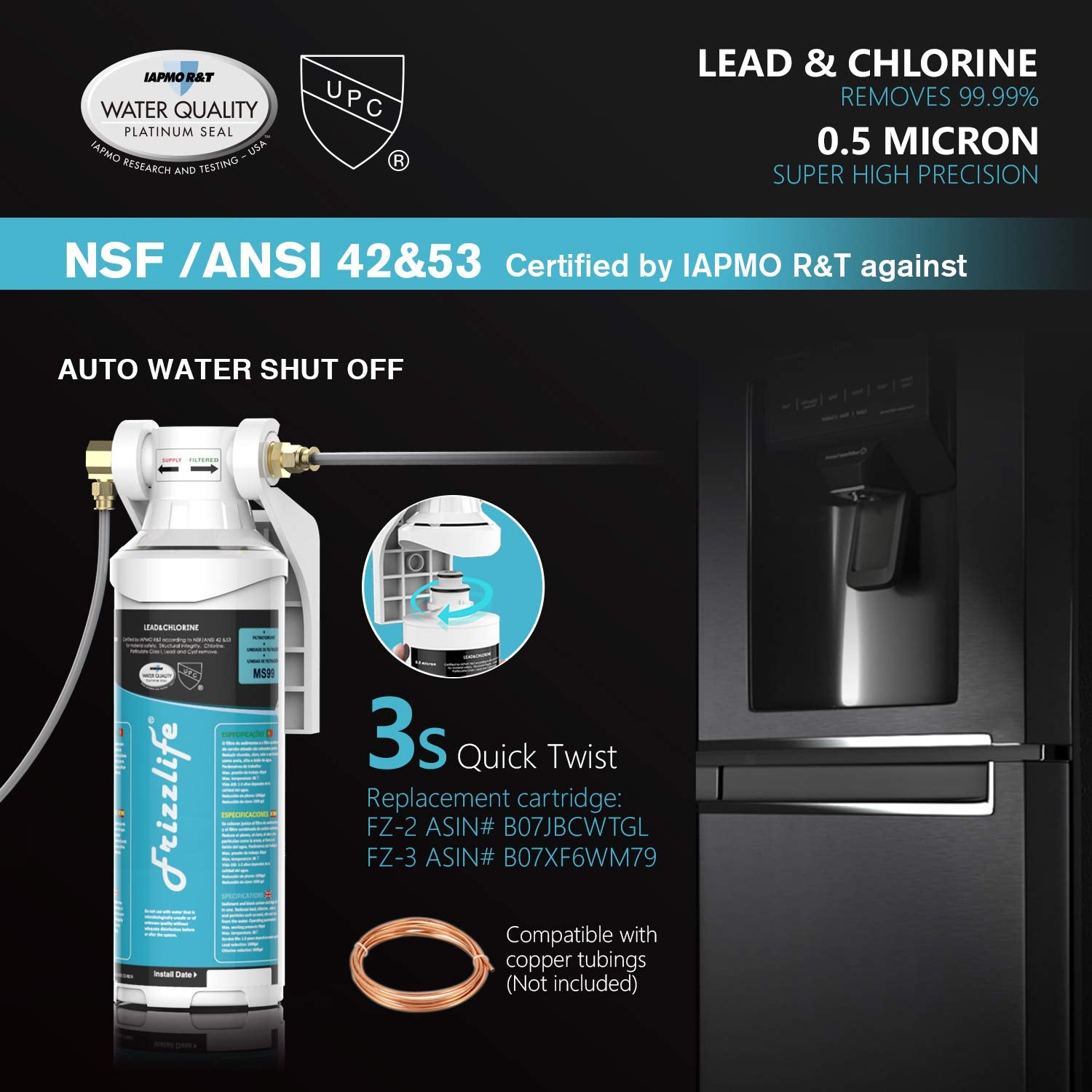Frizzlife 0.5 Micron Inline Water Filter for Refrigerator & Ice Maker, MS99