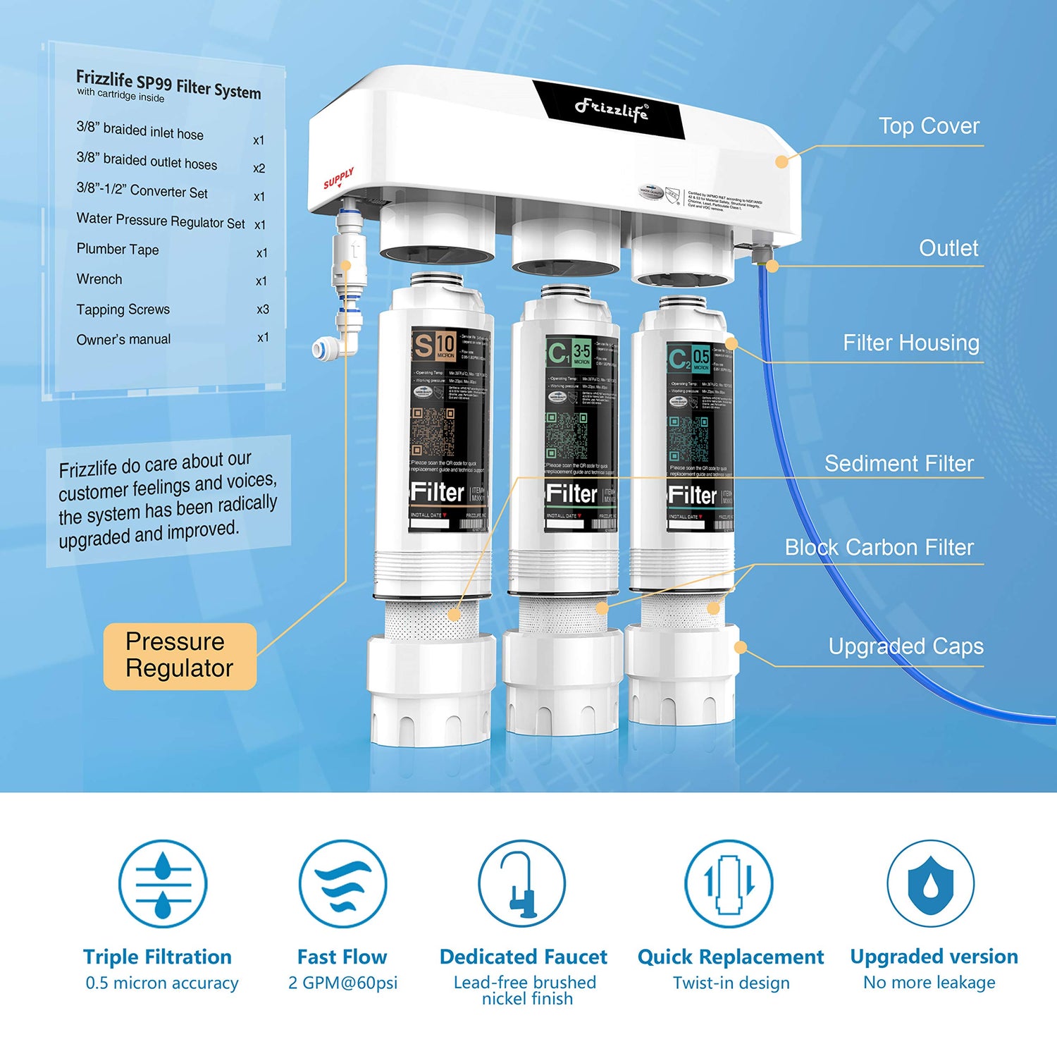 Frizzlife Système de filtration d'eau sous évier avec robinet en nickel brossé SP99-NEW