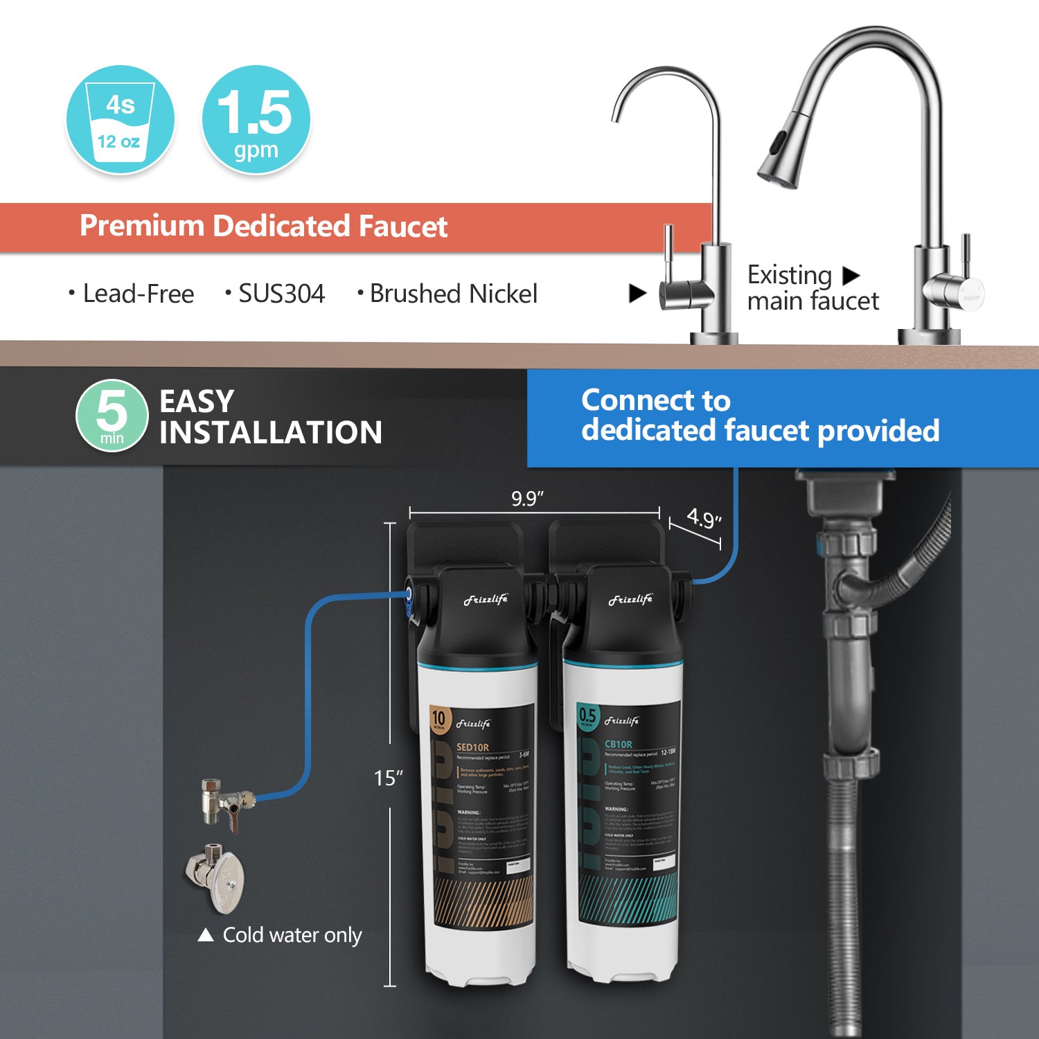 Frizzlife Under-Sink Water Filter System with Faucet, DW10F/DW15F