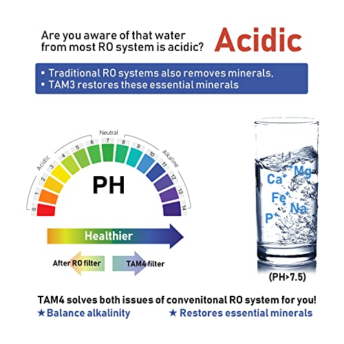 Frizzlife TAM4 Untertisch-Inline-Wasserfilter – alkalische PH+-Remineralisierung, NSF/ANSI 42-zertifiziert, passt Geschmack und pH-Wert an, stellt lebenswichtige Mineralien wieder her, 1/4-Zoll-Rohr, passend für Umkehrosmose-Systeme