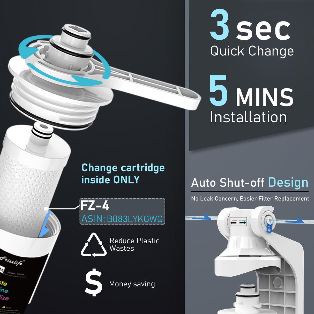 Frizzlife TAM3 Remineralización alcalina Filtro de agua debajo del fregadero - Filtro posterior de conexión rápida de 1/4 "para sistema de filtro de ósmosis inversa RO