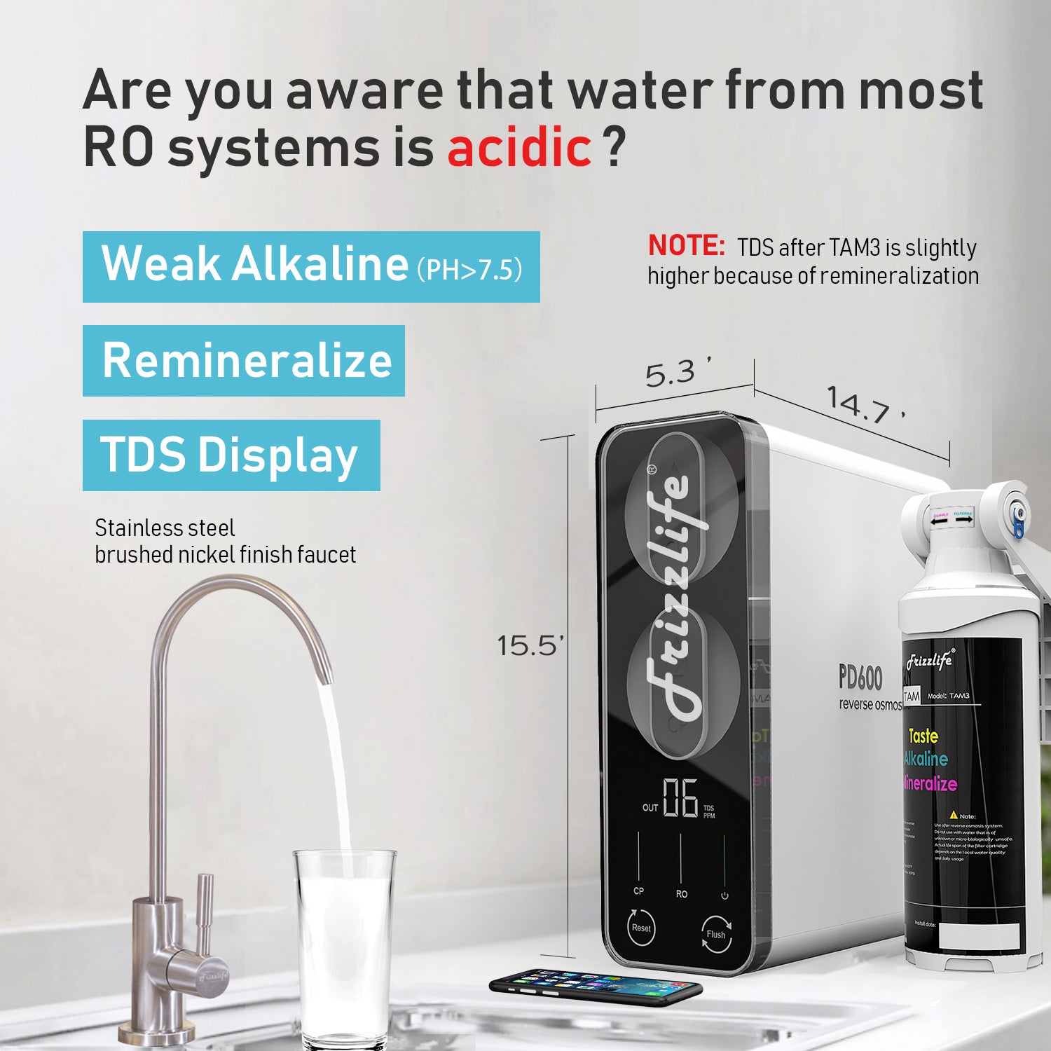 Frizzlife 600 GPD Tankless Reverse Osmosis System – Alkaline, PD600-TAM3
