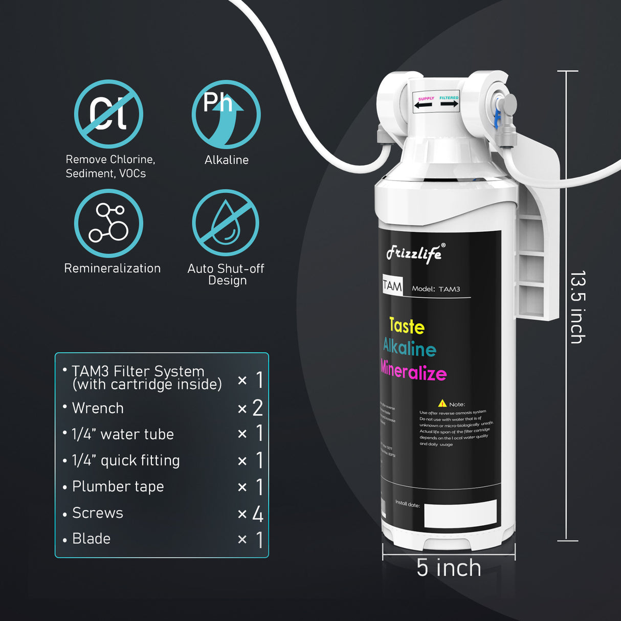 Frizzlife TAM3 Remineralización alcalina Filtro de agua debajo del fregadero - Filtro posterior de conexión rápida de 1/4 "para sistema de filtro de ósmosis inversa RO
