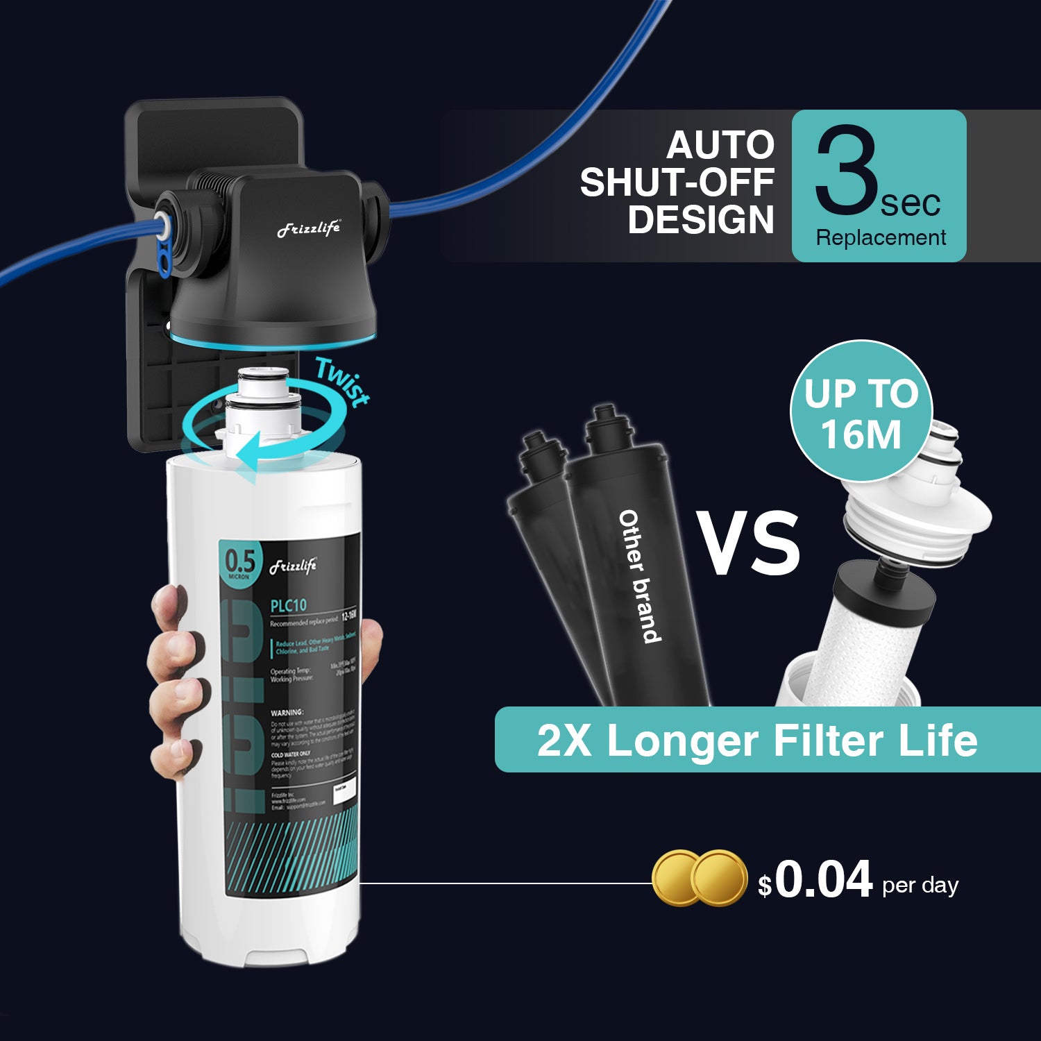 Système de filtration d'eau sous évier Frizzlife SW10F/SW15F/SW20F à connexion directe, réduit de 99,99 % le plomb, le chlore, le mauvais goût et les odeurs
