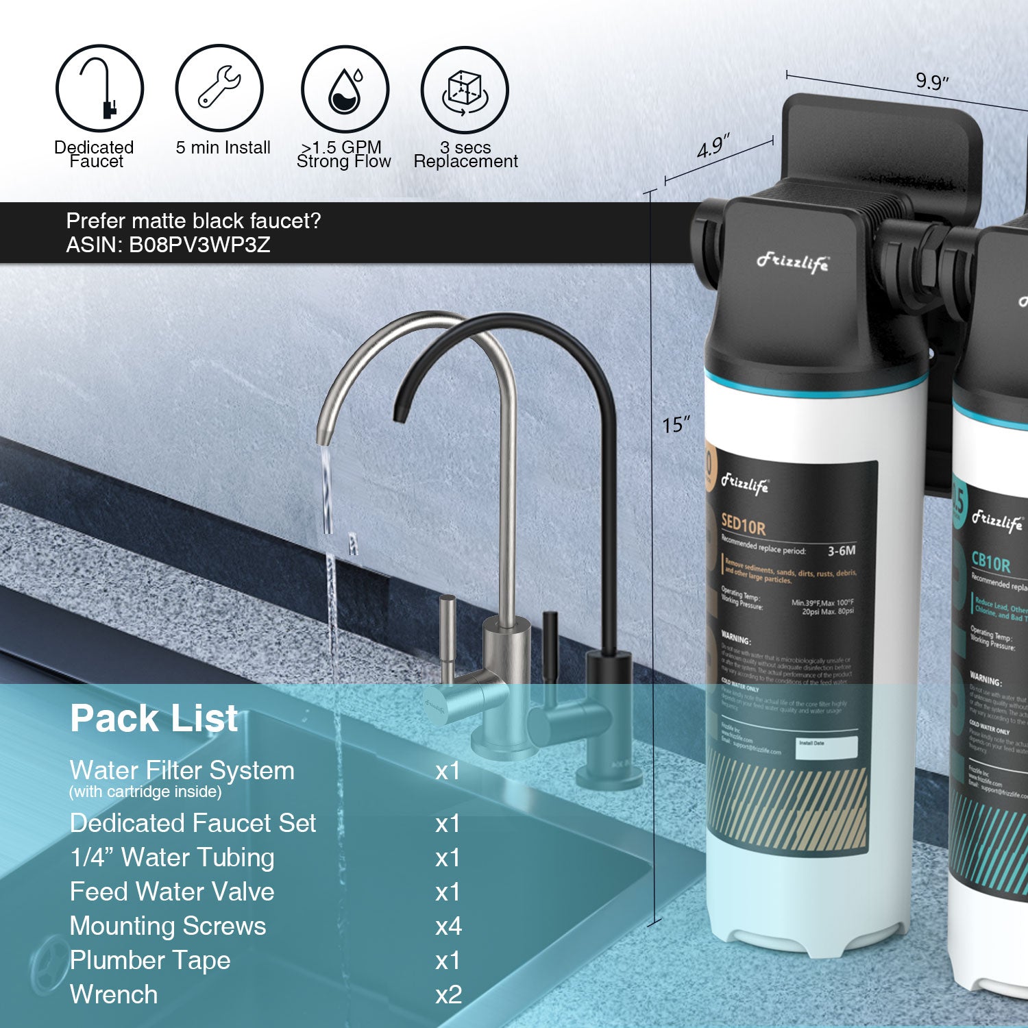 Frizzlife Under-Sink Water Filter System with Faucet, DW10F/DW15F