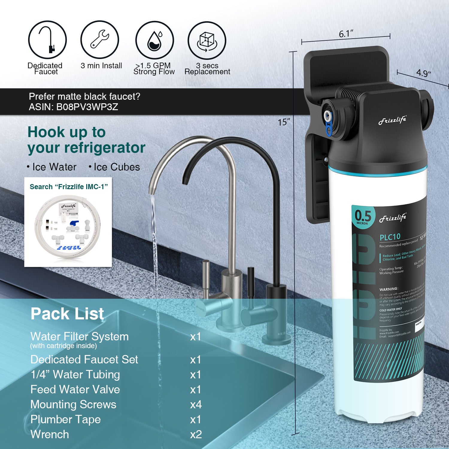 Système de filtration d'eau sous évier Frizzlife SW10F/SW15F/SW20F à connexion directe, réduit de 99,99 % le plomb, le chlore, le mauvais goût et les odeurs