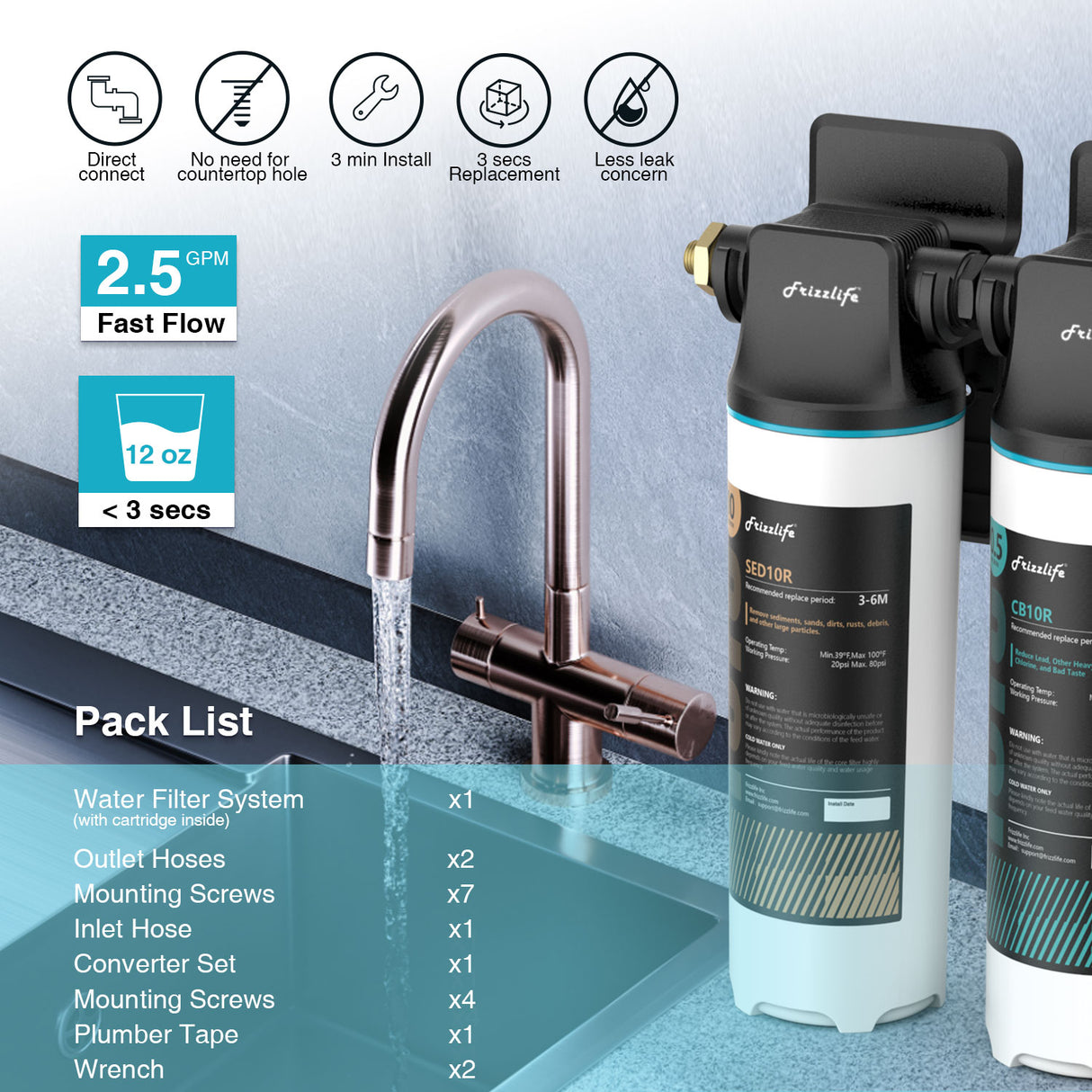 Sistema de filtro de agua bajo fregadero Frizzlife DW10/DW15, elementos con certificación NSF/ANSI 53 y 42, filtro de agua de 2 etapas con conexión directa
