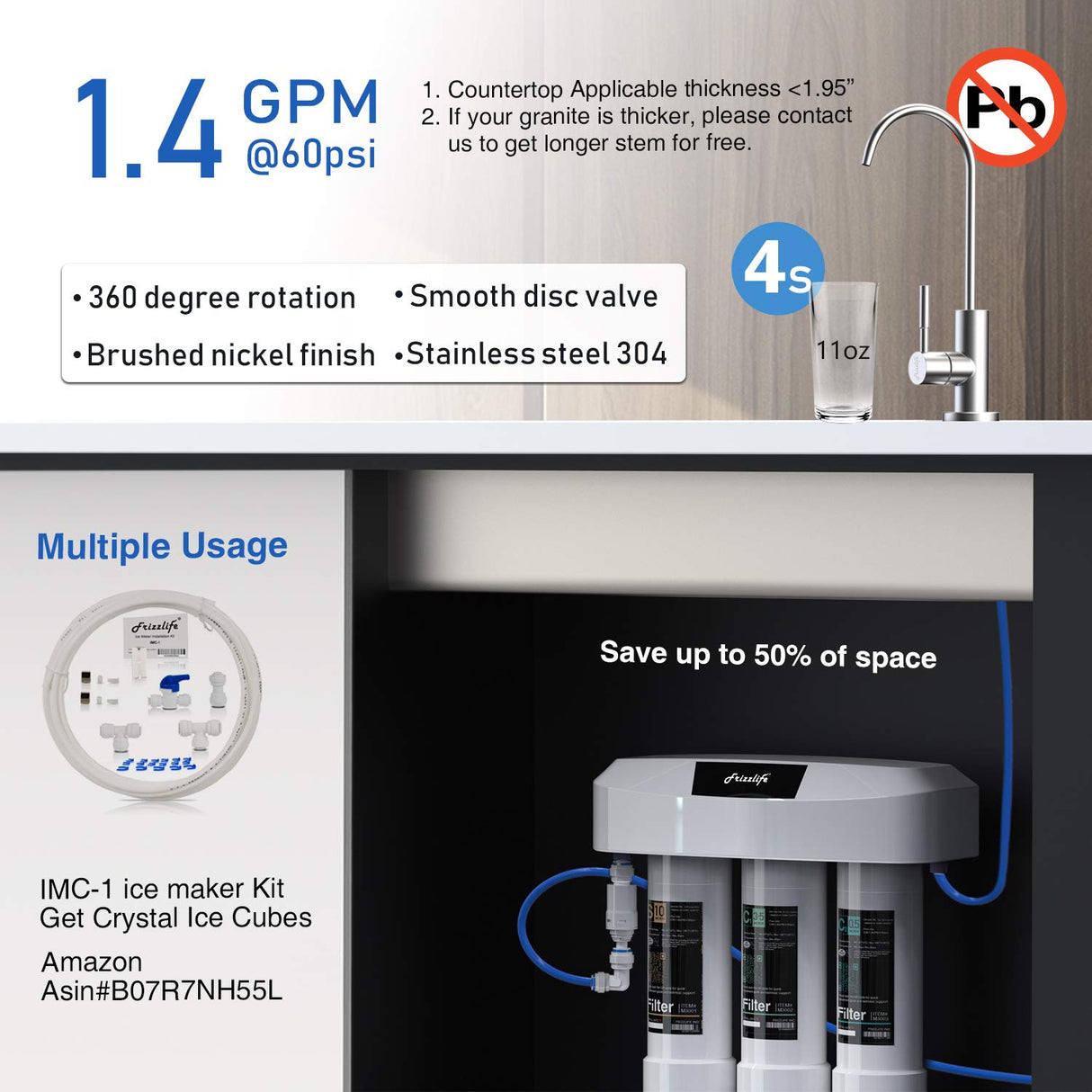 Sistema de filtro de agua para debajo del fregadero Frizzlife con grifo de níquel cepillado SP99-NEW