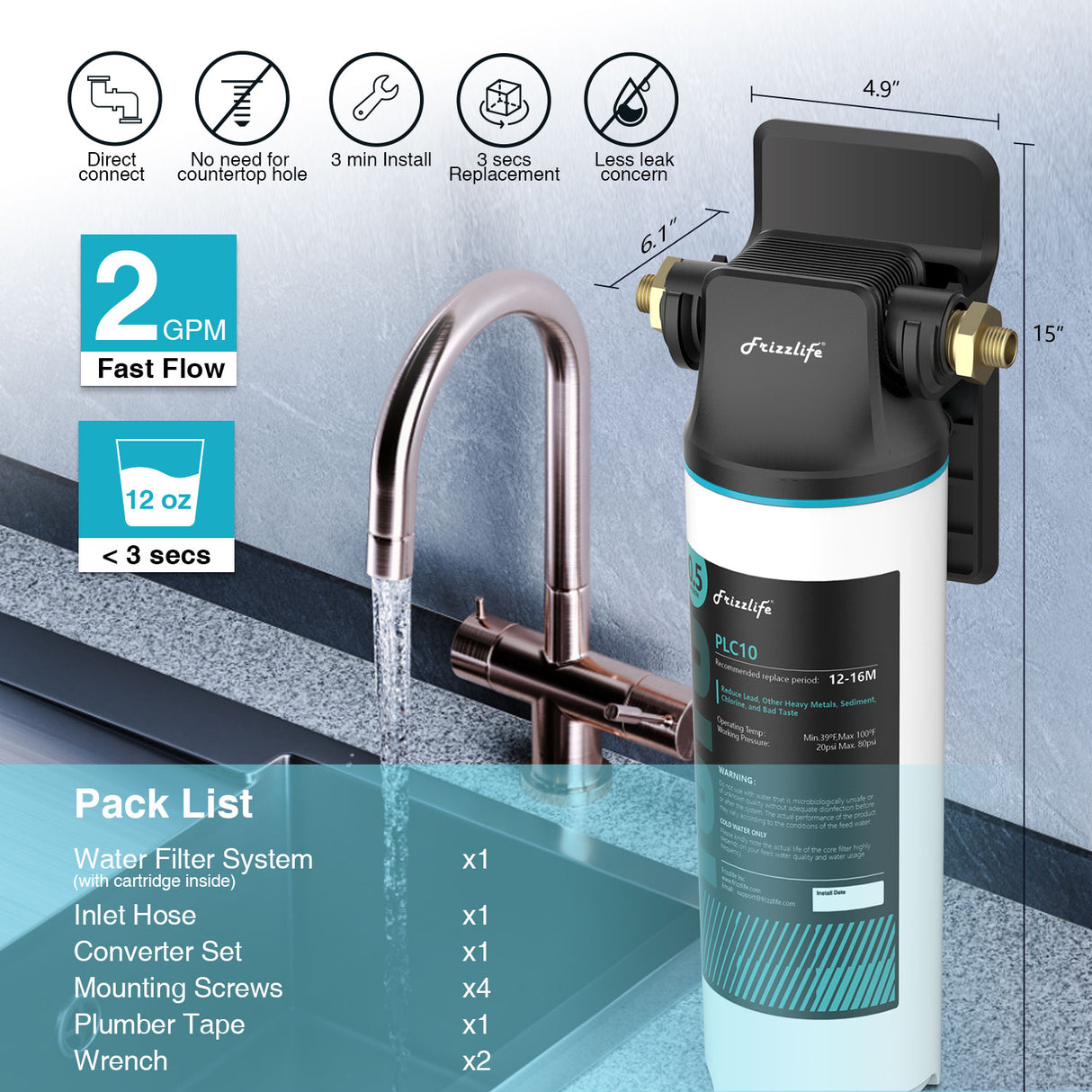 Sistema de filtro de agua Frizzlife SW10/SW15/SW20 de conexión directa debajo del fregadero. Reduce el 99,99 % de plomo, cloro, mal sabor y olor.