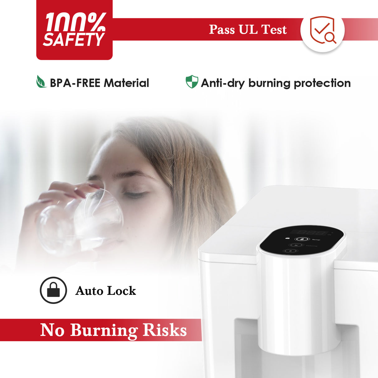 FRIZZLIFE TF900 Filtre distributeur d'eau chaude instantanée, 5 températures et 3 réglages de volume, verrouillage de sécurité haute température, zéro installation, test standard UL, 1 filtre inclus