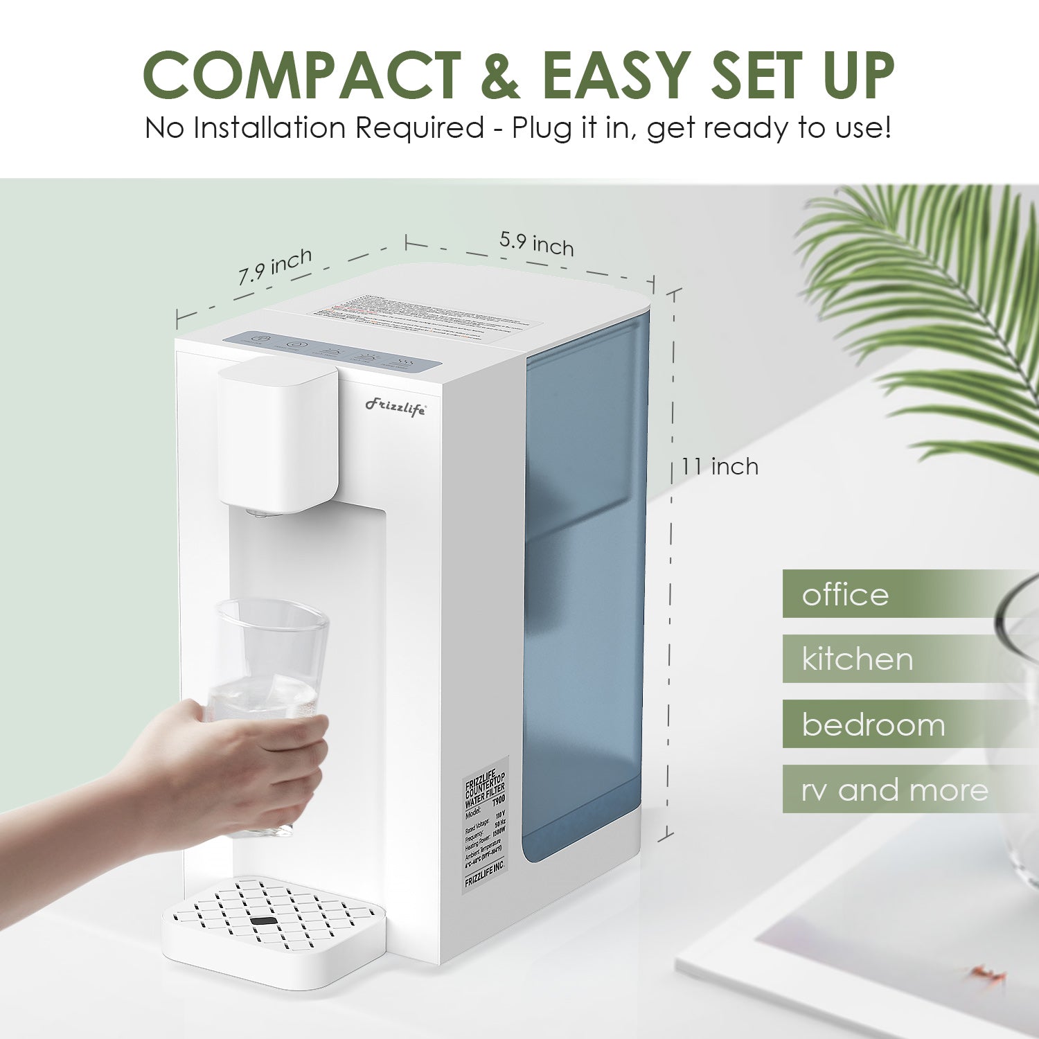Frizzlife T900 Sistema de filtración de agua para encimera, dispensador de filtro de agua caliente instantáneo, 4 temperaturas, instalación cero, 1 filtro incluido