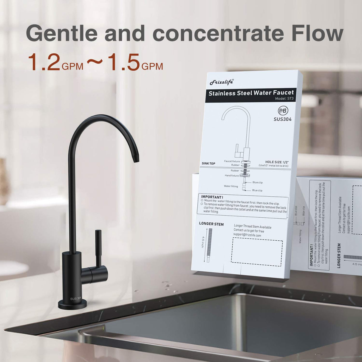 Frizzlife RO Robinet de filtre à eau - Robinet d'eau potable compatible avec la plupart des systèmes d'osmose inverse et système de filtration d'eau - Acier inoxydable SUS304, Noir