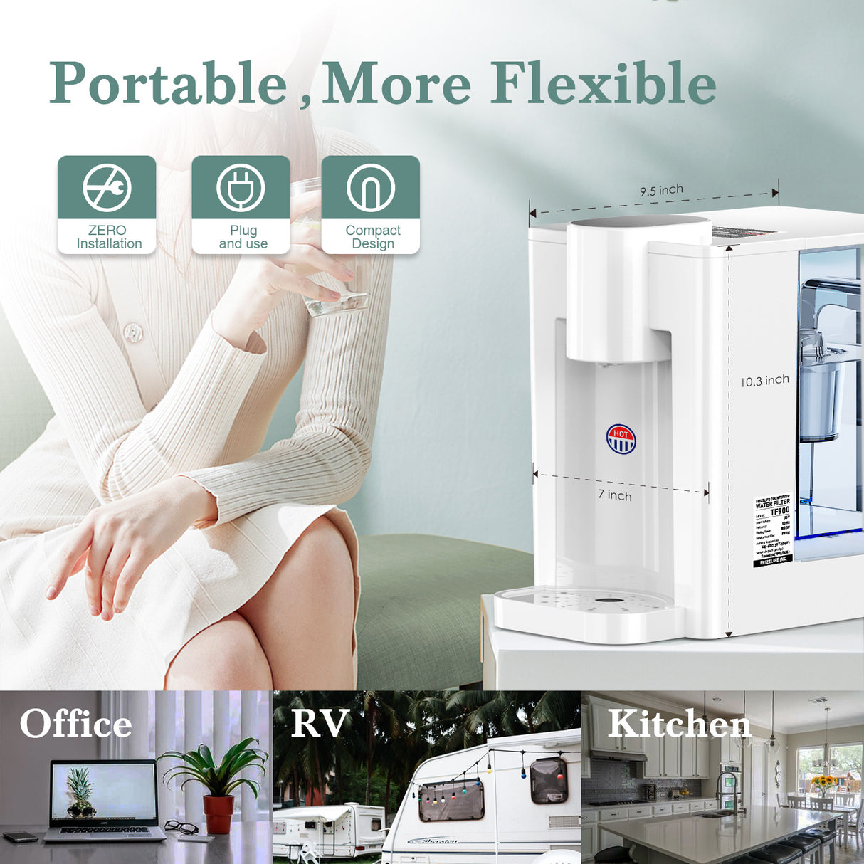 FRIZZLIFE TF900 Filtre distributeur d'eau chaude instantanée, 5 températures et 3 réglages de volume, verrouillage de sécurité haute température, zéro installation, test standard UL, 1 filtre inclus