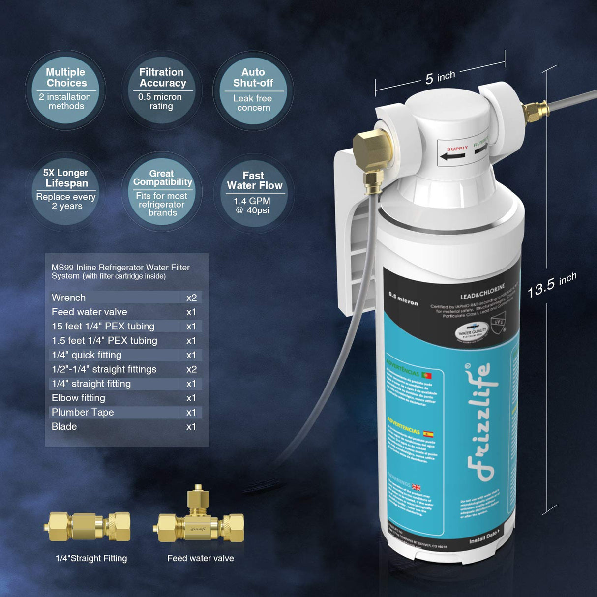 Frizzlife Inline Water Filter System for Refrigerator, Ice Maker, Under Sink, Certified 0.5 Micron, MS99