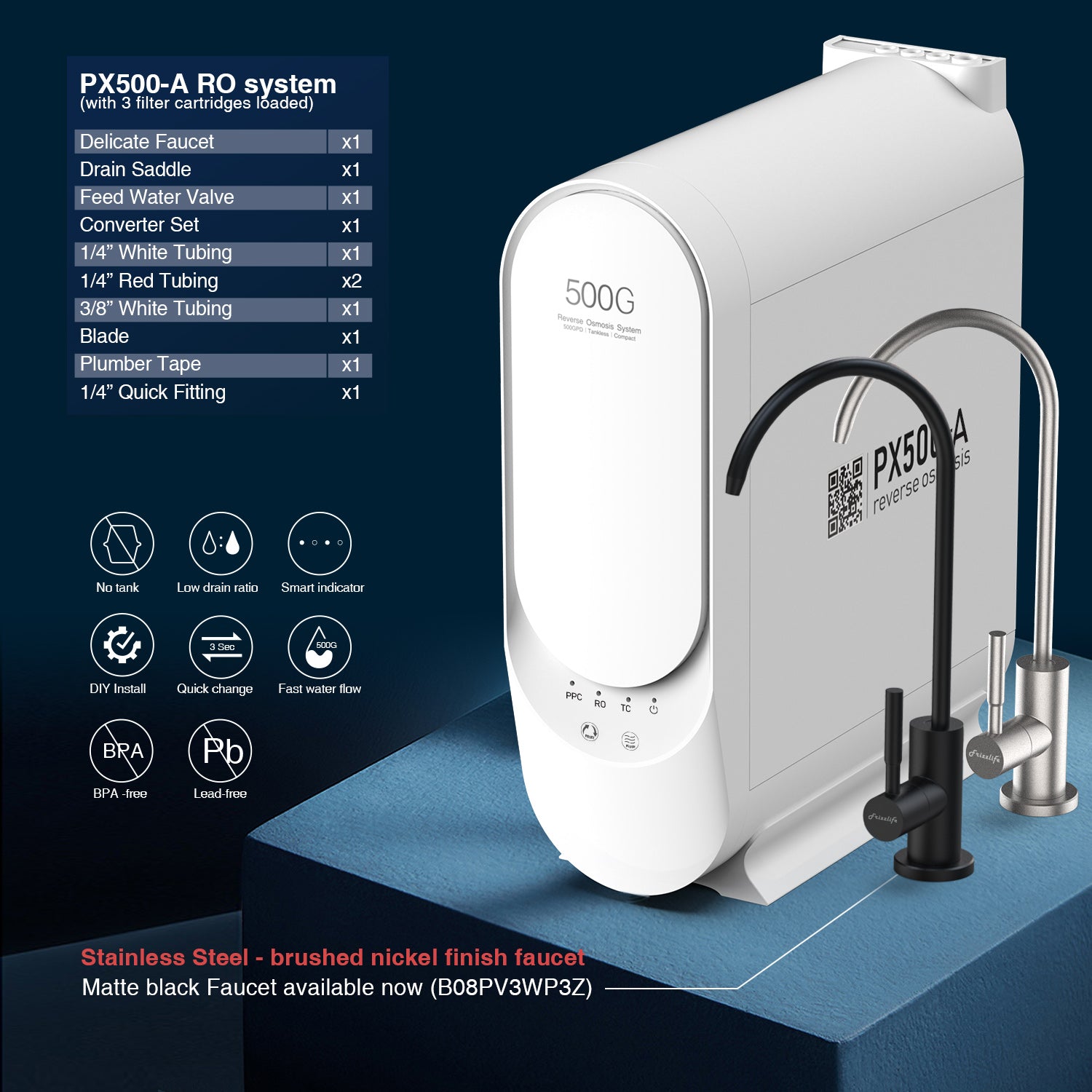 Système d'eau par osmose inverse sans réservoir Frizzlife 500 GPD avec alcaline et reminéralisation, PX500-A
