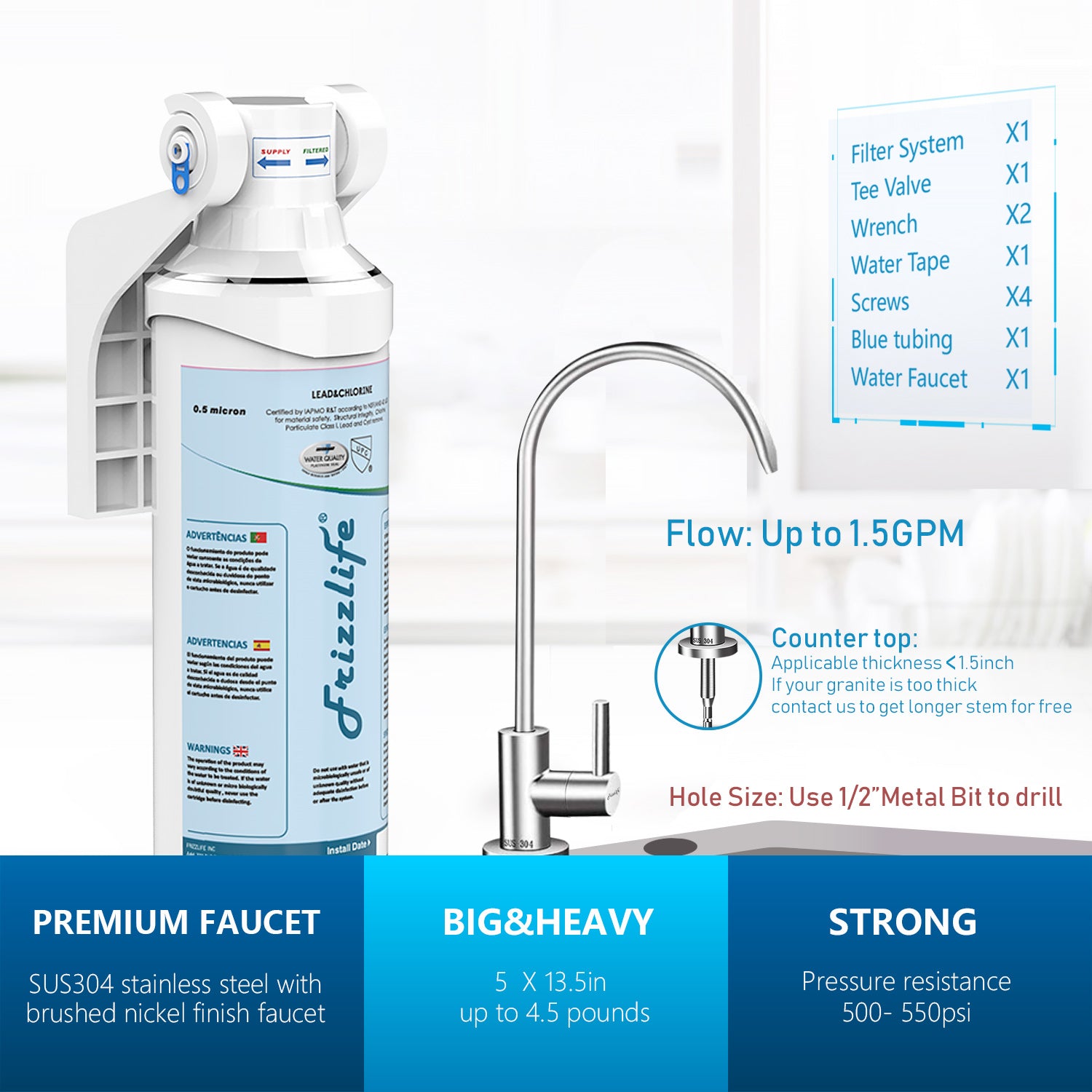 Frizzlife MP99 Filtro de agua debajo del fregadero con grifo para beber