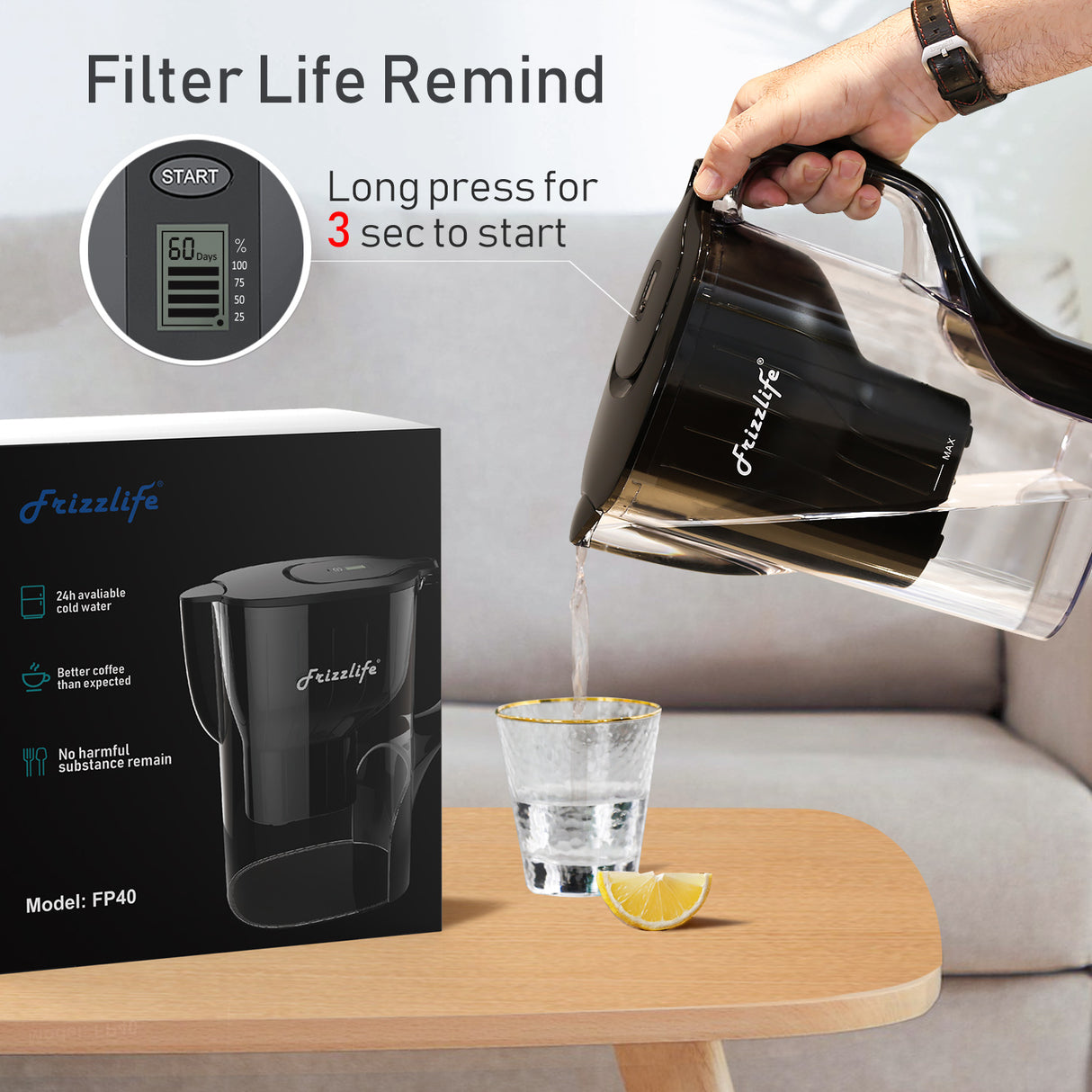 Frizzlife FP40 Pichet de filtre à eau, grand système de purificateur de 10 tasses avec rappel de durée de vie du filtre