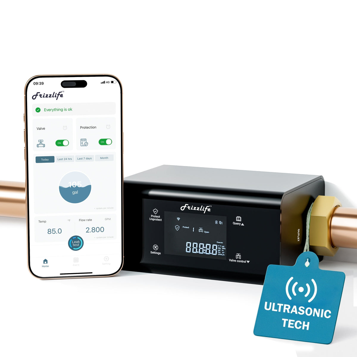 Frizzlife LP365 flow and temperature smart water monitor with automatic shutoff