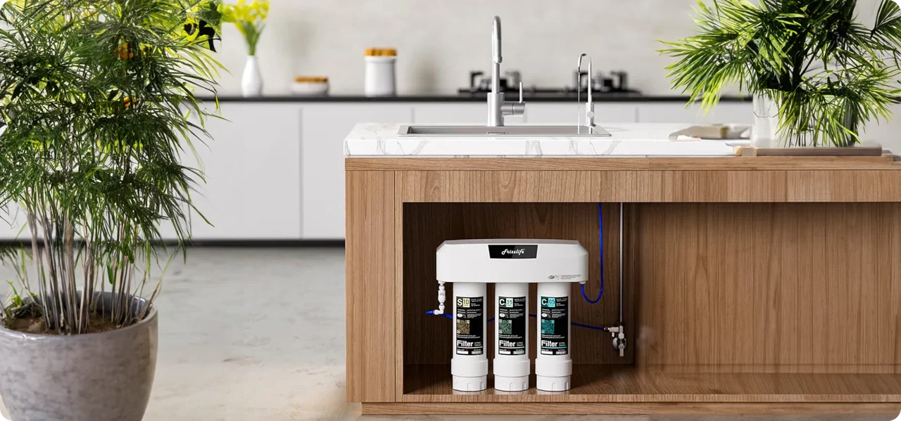 Frizzlife under-sink water filtration system with three filter cartridges and installation accessories on a white background.