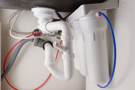 Under-sink water filtration system with multiple filter housings and connected tubing