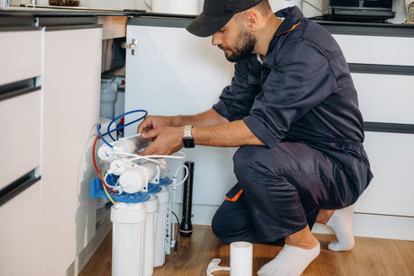 Technician servicing a multi-stage reverse osmosis system installed under a kitchen sink